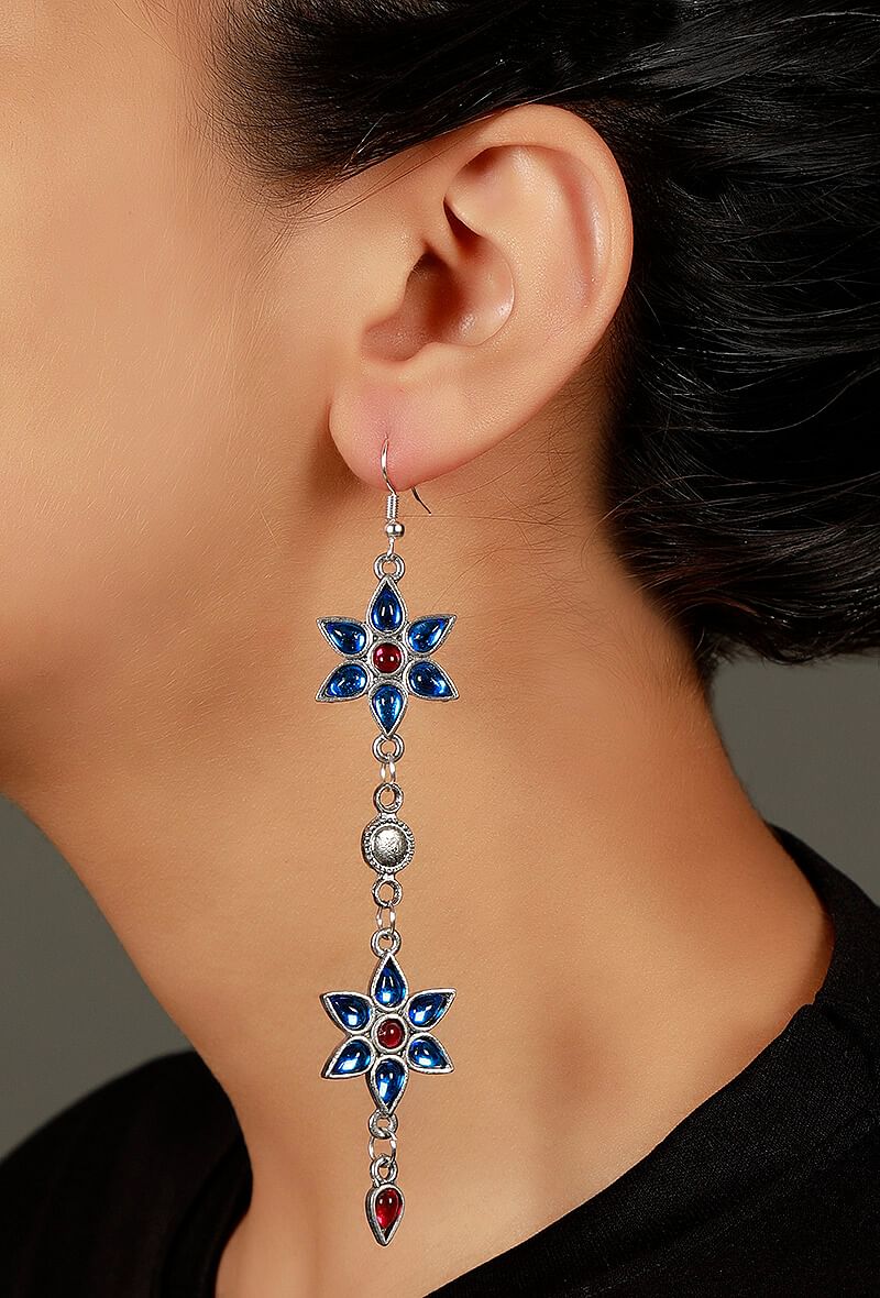 Blue-Pink Afghan Floral German Silver Earrings