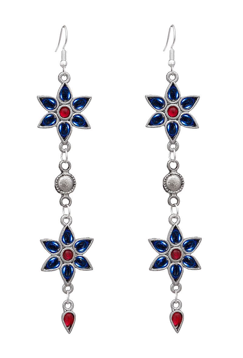 Blue-Pink Afghan Floral German Silver Earrings