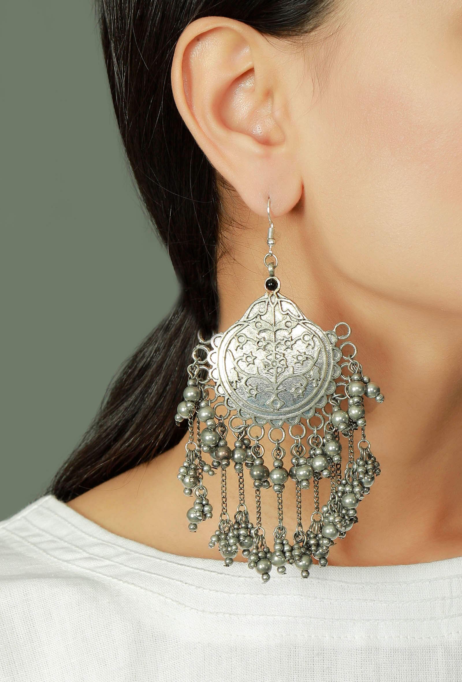 Circular Tribal Silver Plated Brass Earrings