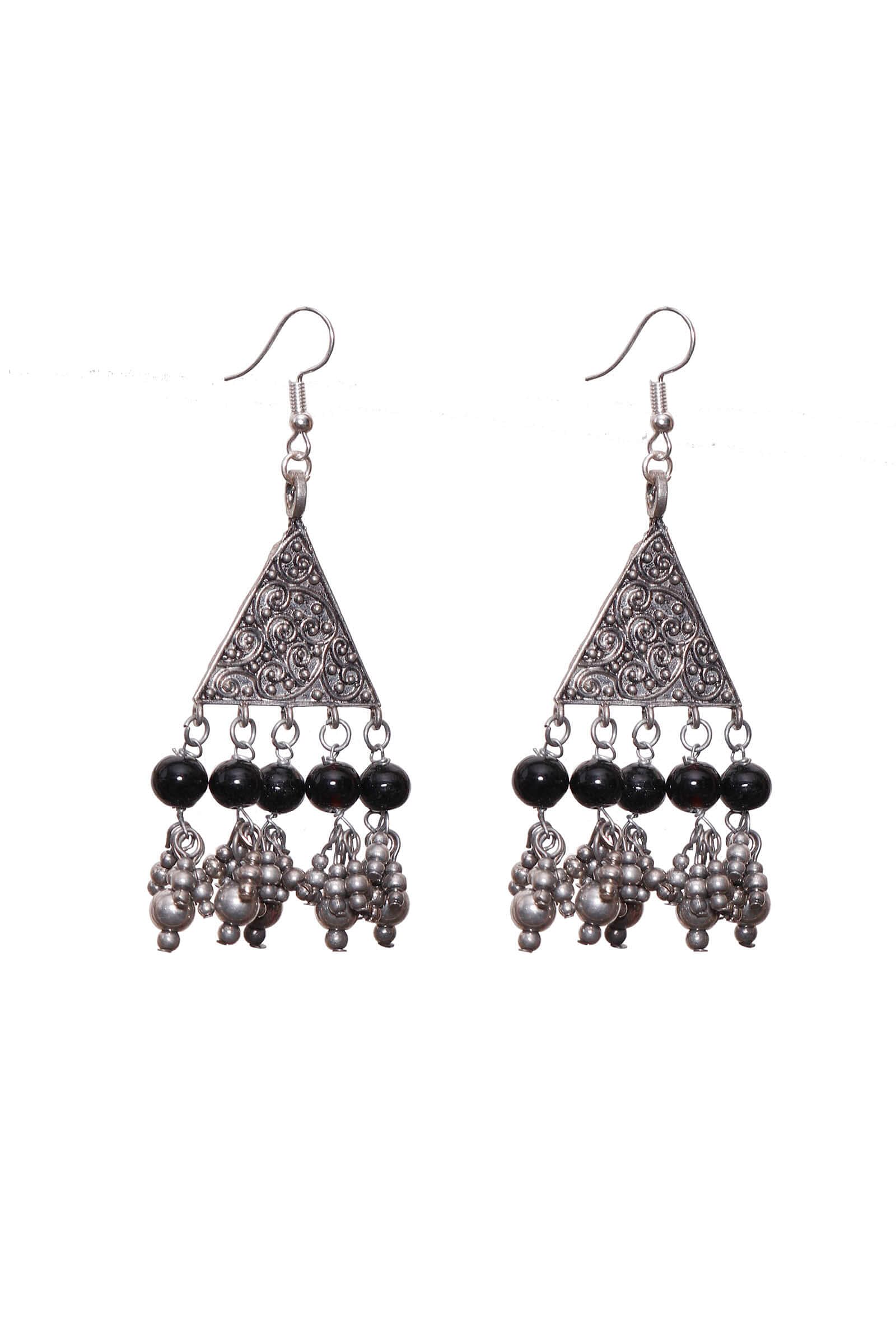 Silver Plated Brass Black Triangular Earrings