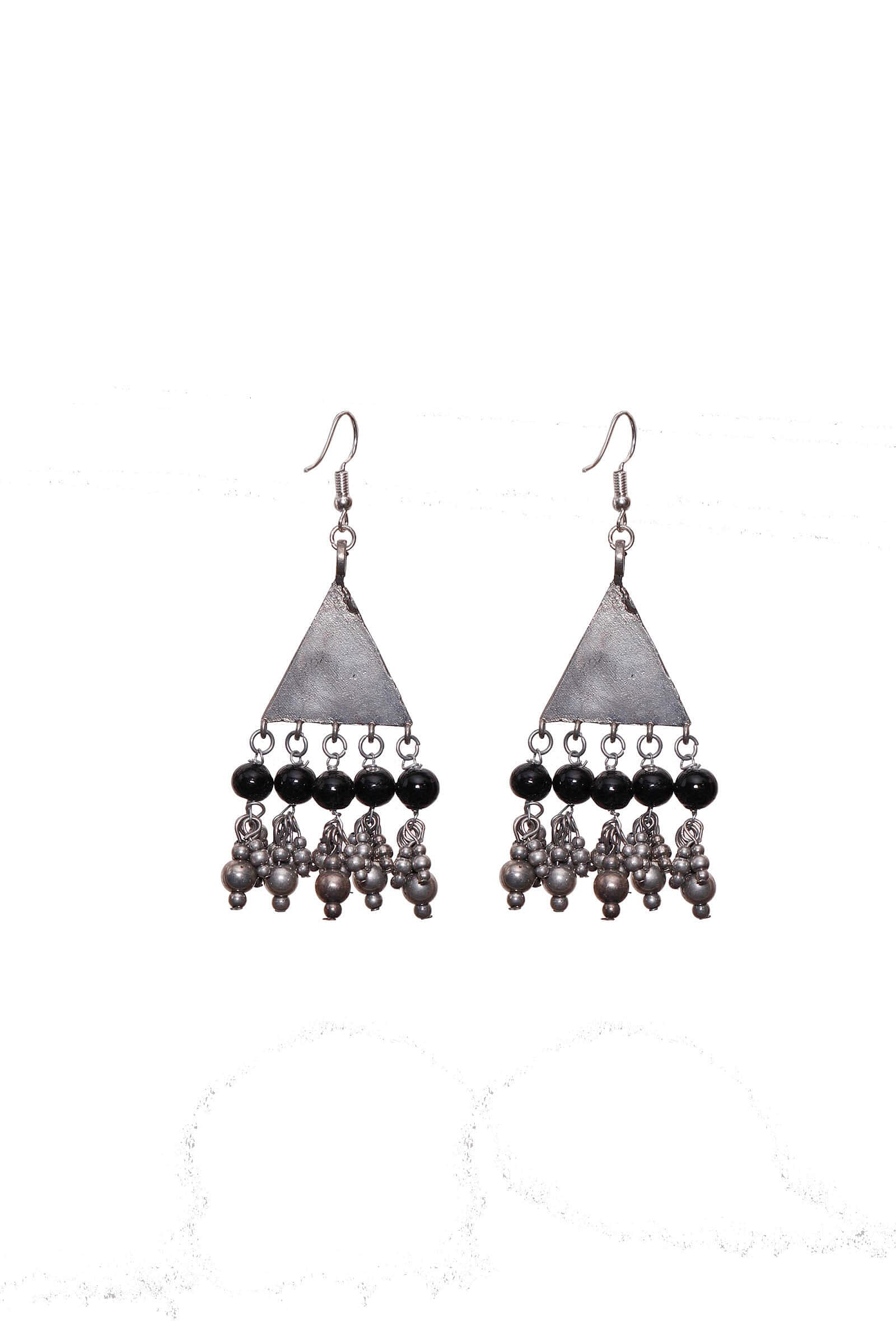 Silver Plated Brass Black Triangular Earrings