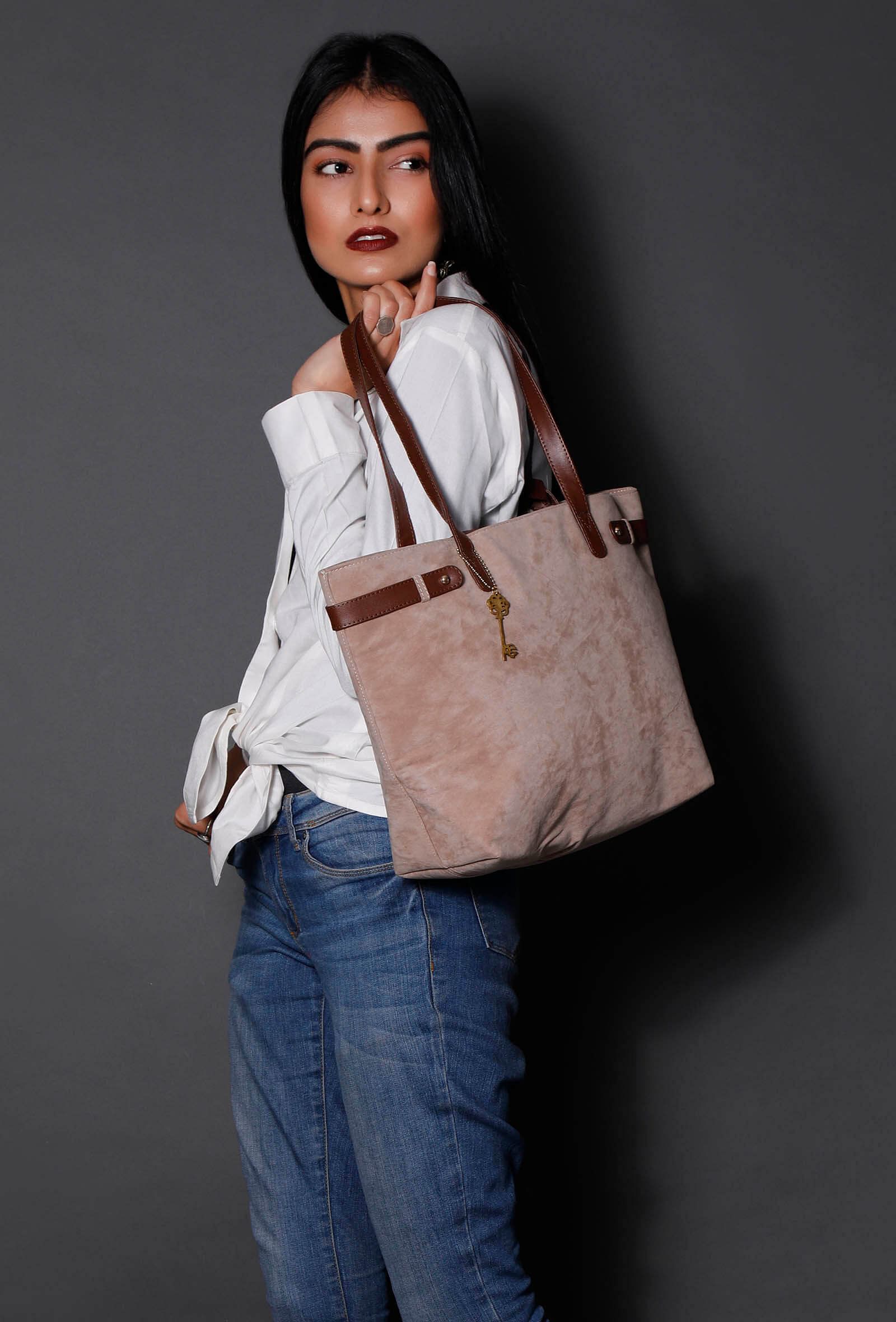 Beige Suede Tote Bag (11.3"x17"x5")