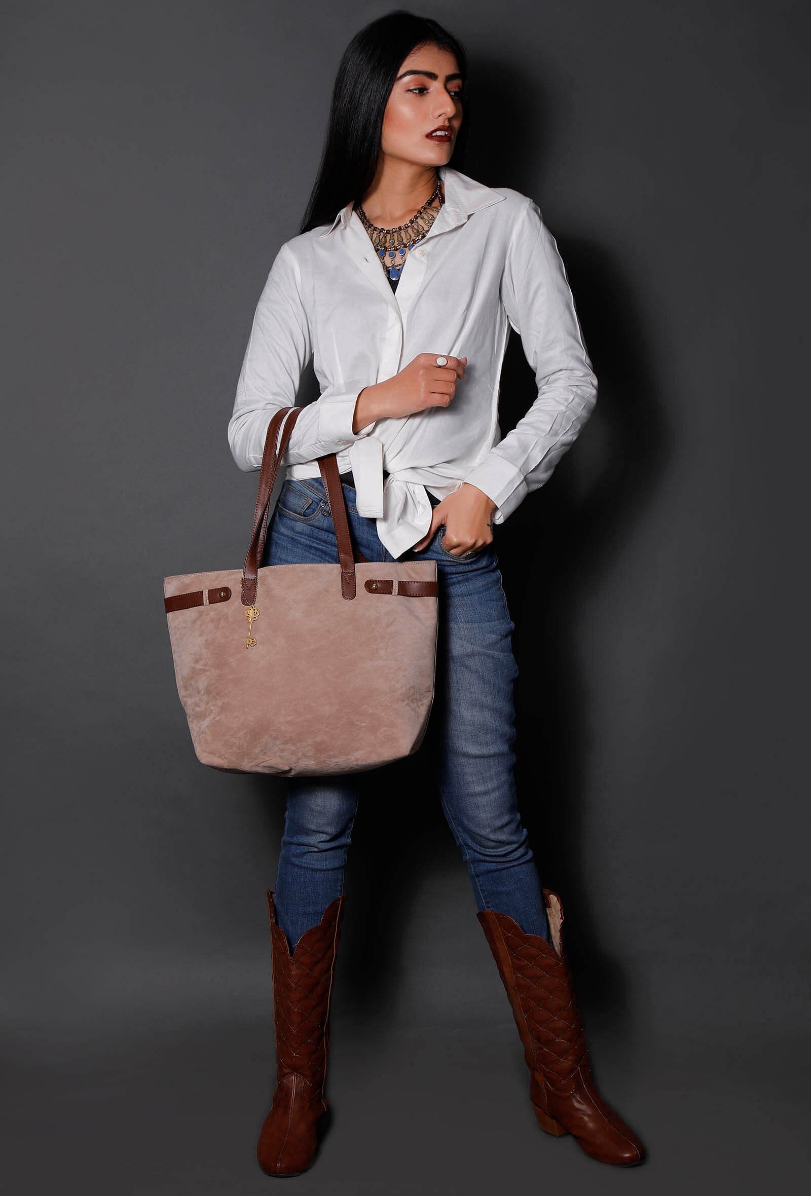Beige Suede Tote Bag (11.3"x17"x5")