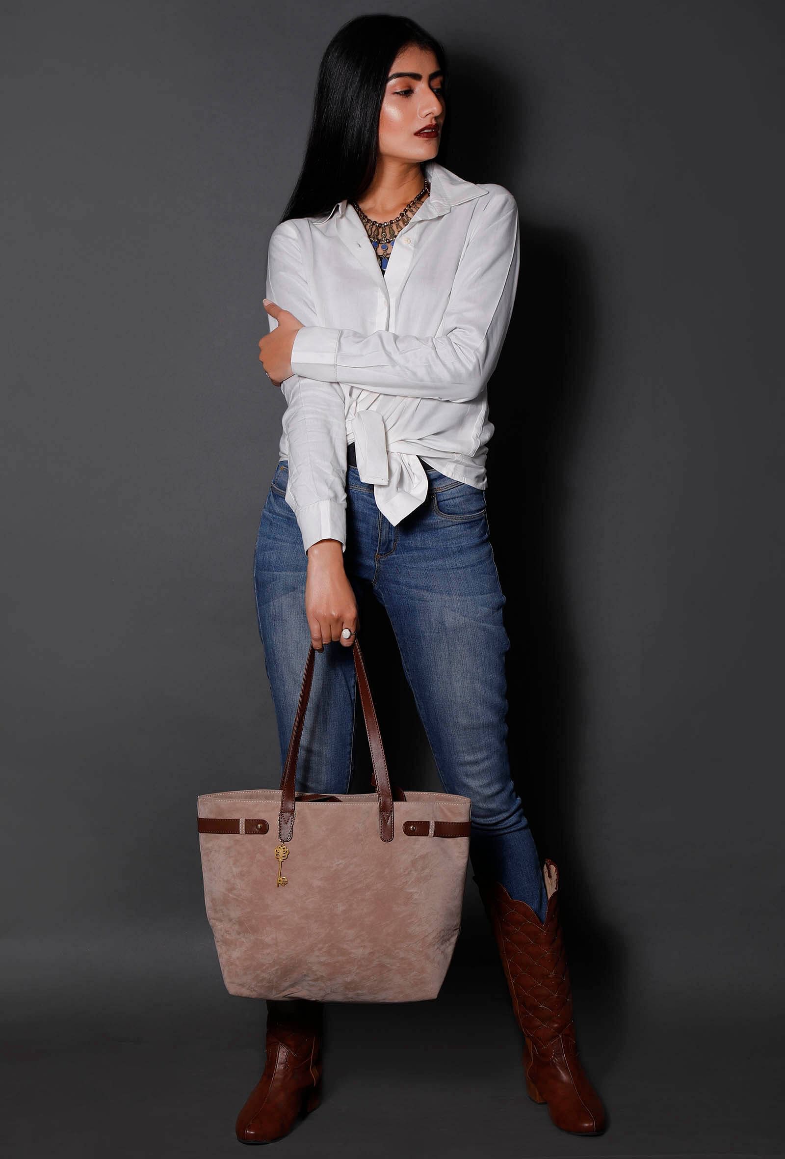 Beige Suede Tote Bag (11.3"x17"x5")