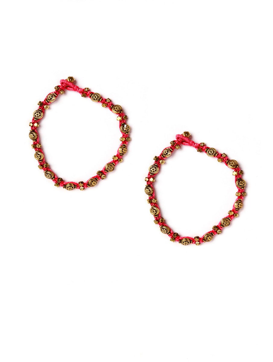 Set Of 2- Meher Pink Floral German Silver Anklets