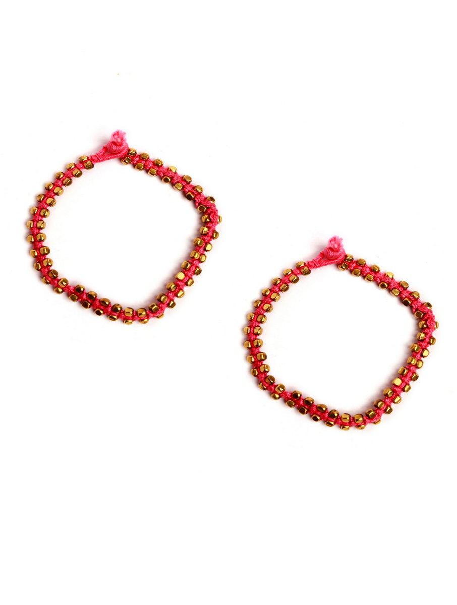 Set Of 2- Farheen Pink Thread And German Silver Anklets