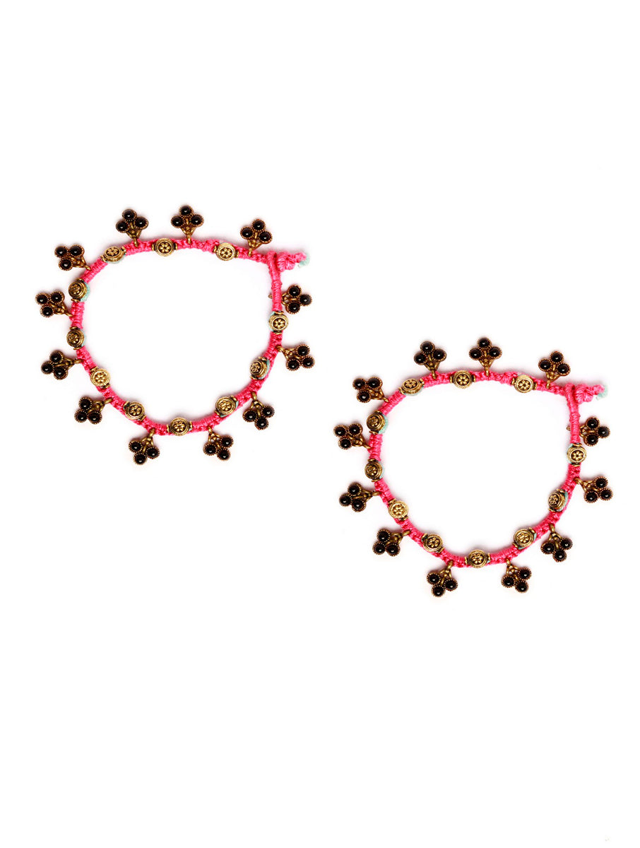 Set Of 2- Sana Pink Glass Bead Anklet