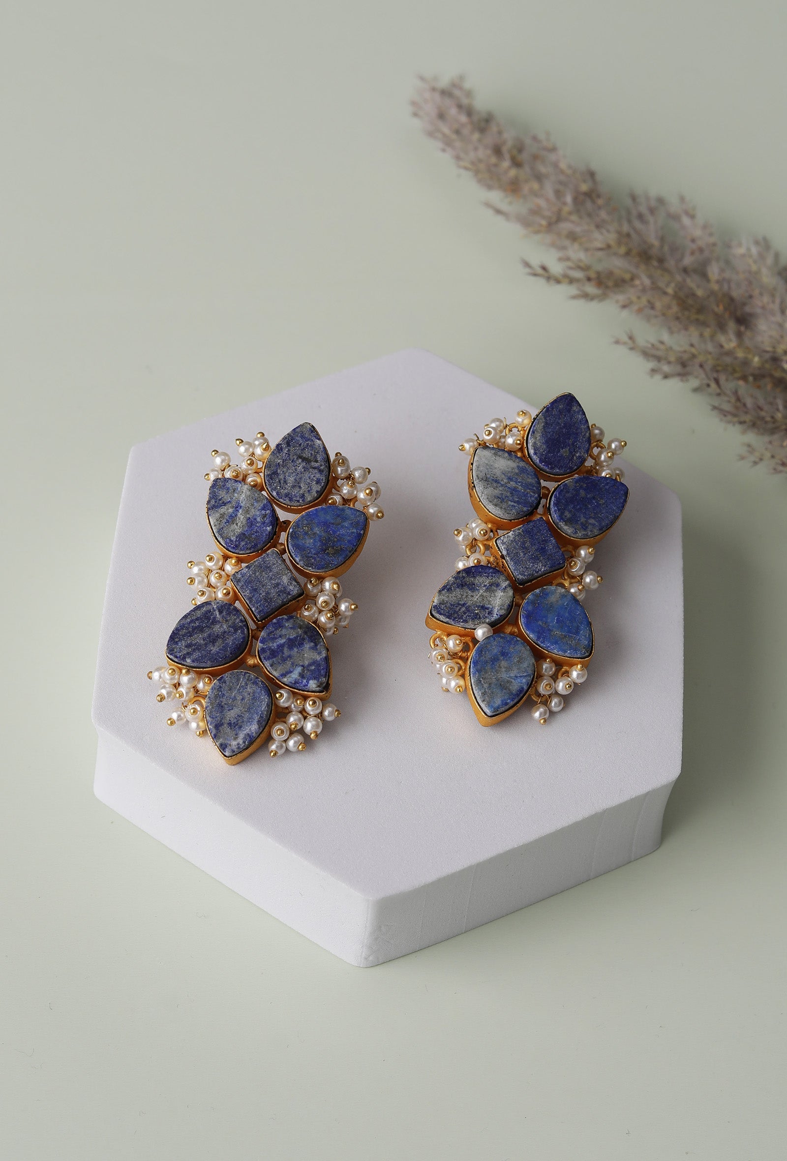 Auster Blue Gold Stone Pearl Earrings