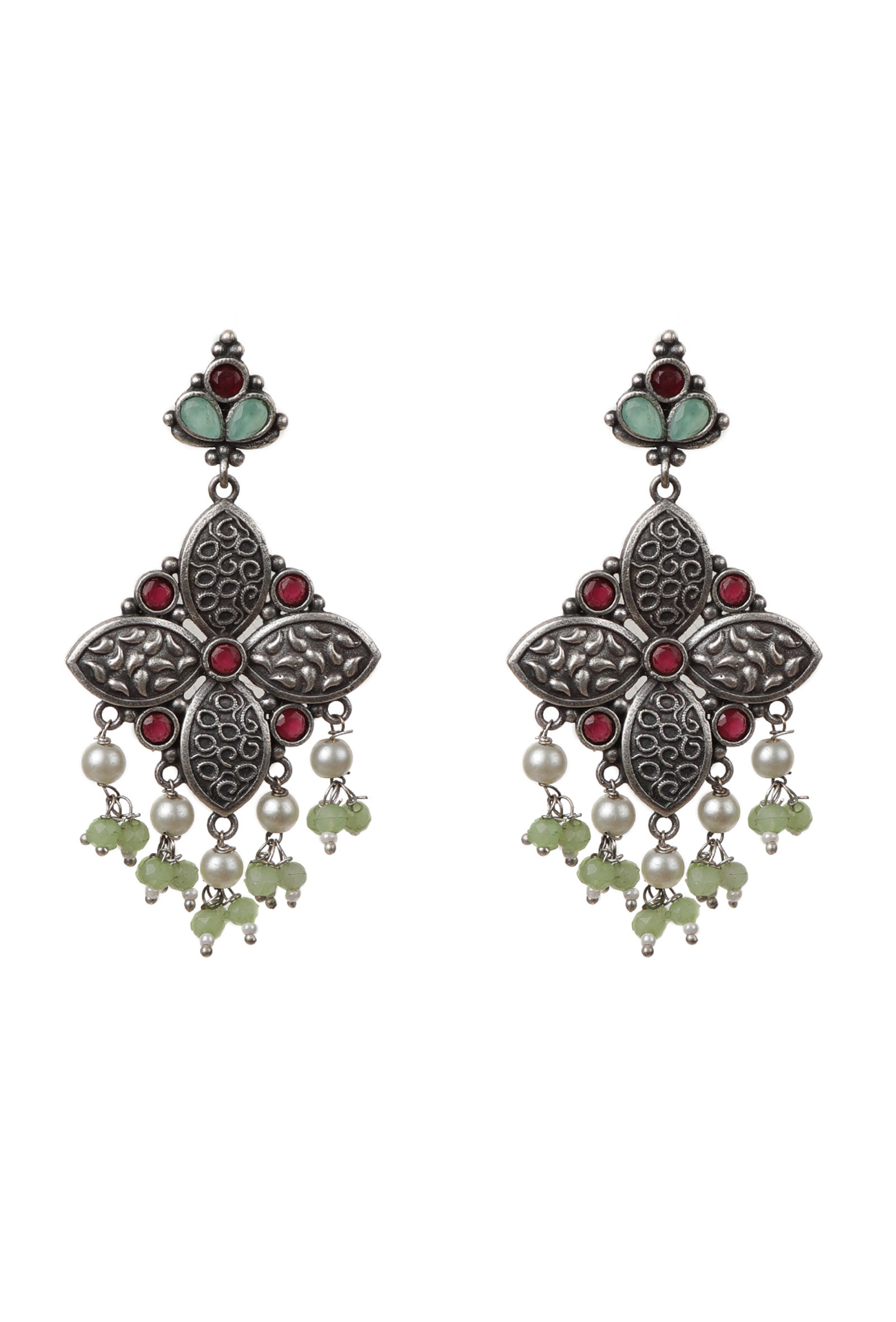 Multicoloured Kundan Oxidized Pearl Drop Earrings