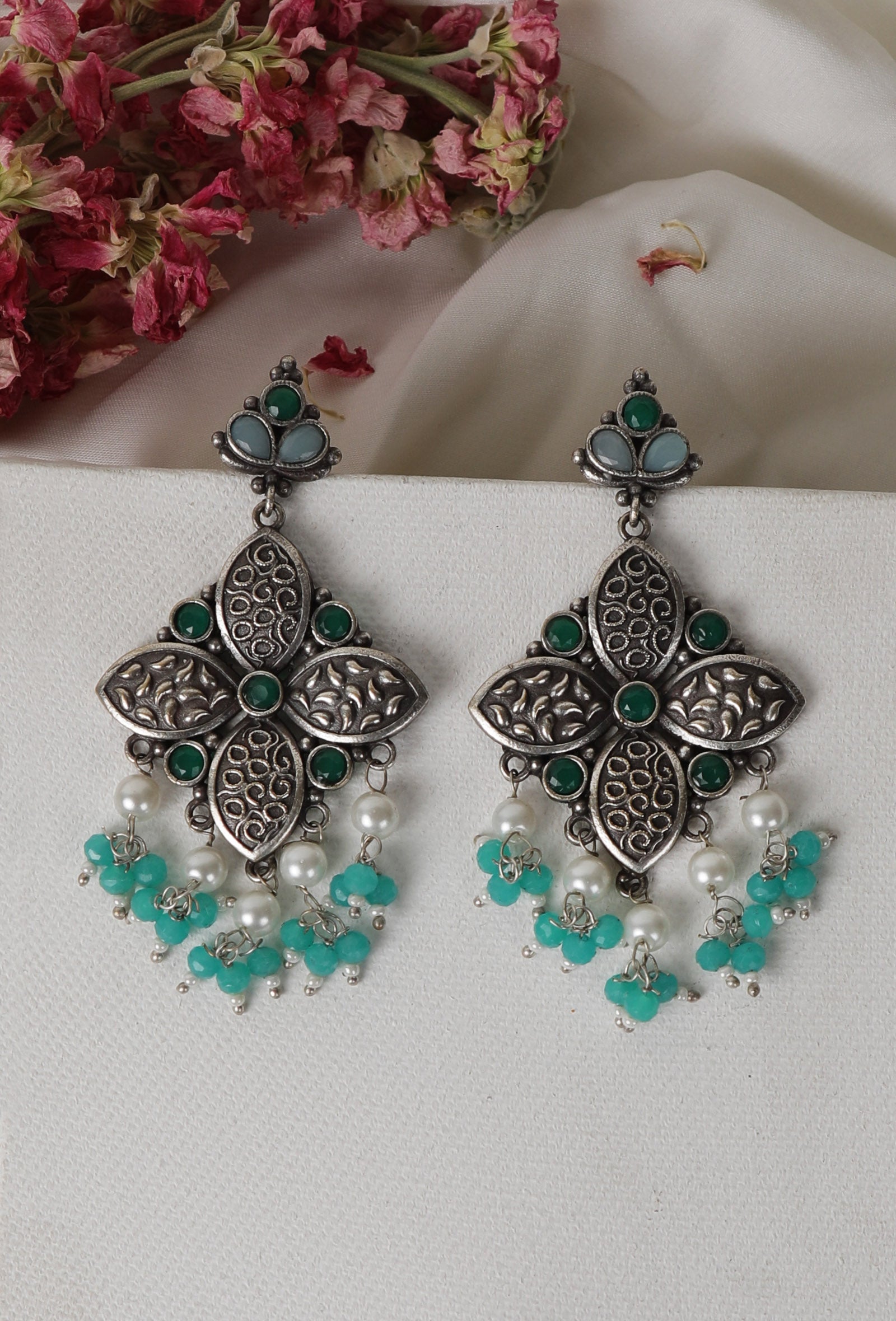 Emerald Kundan Oxidized Drop Earrings