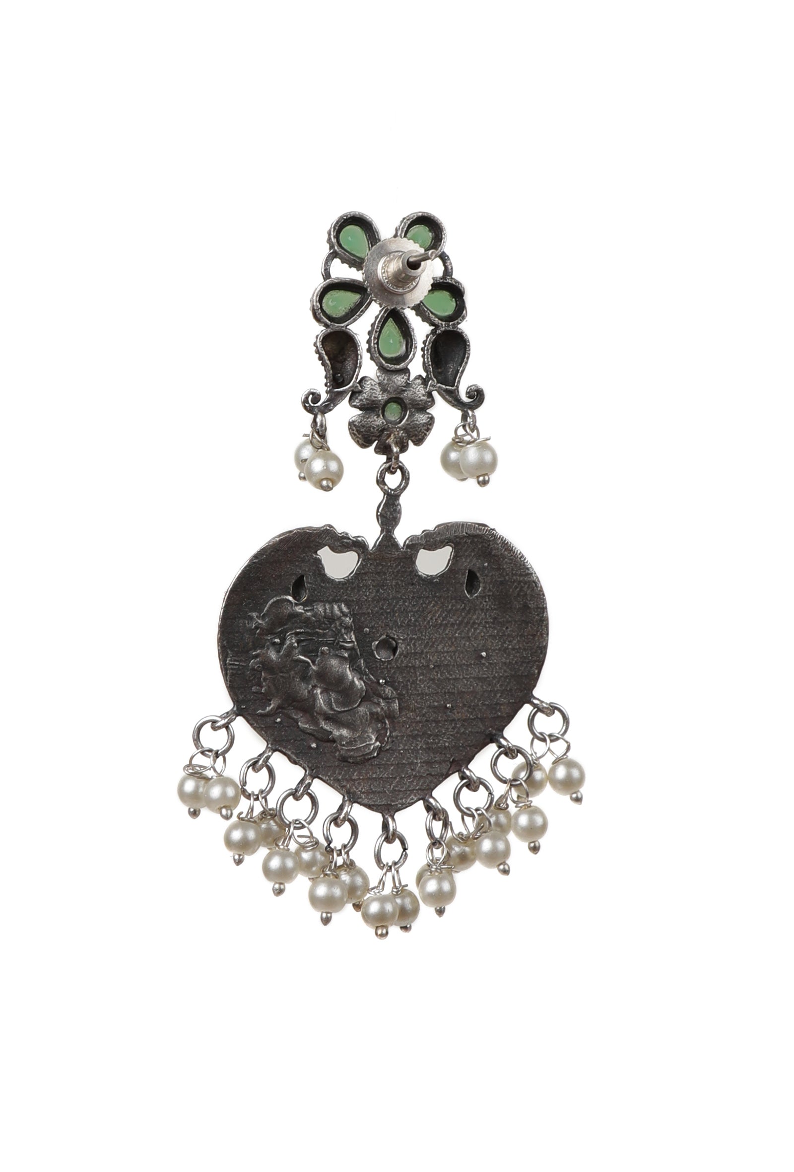 Green Kundan Heart Shape Pearl Drop Earrings