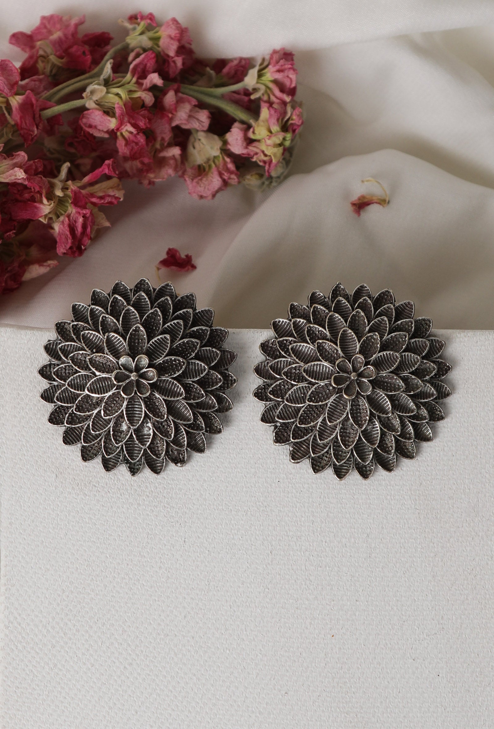 Dahlia Oxidized Flower Stud Earrings