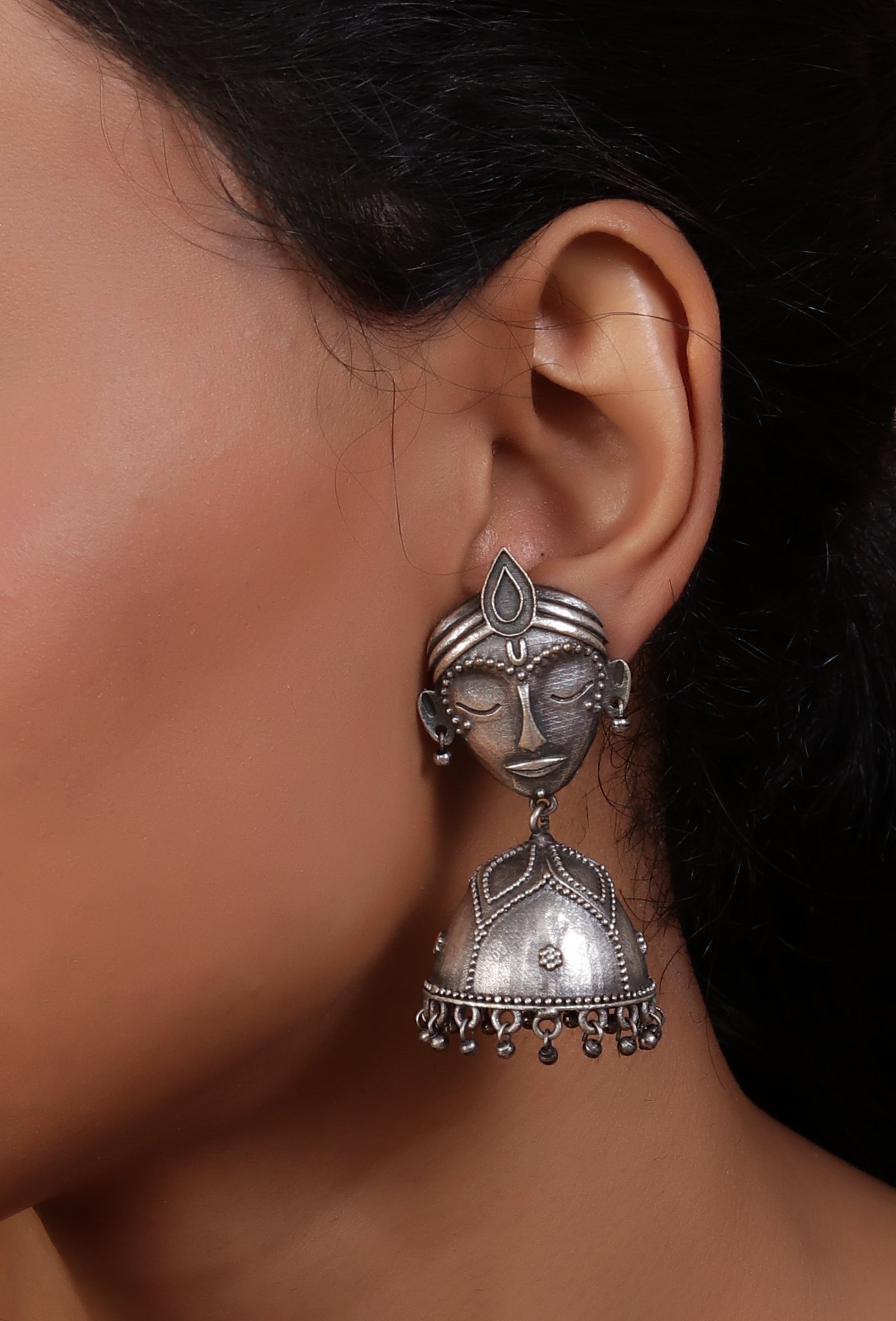 Krishna Face Motif Oxidized Jhumka Earrings