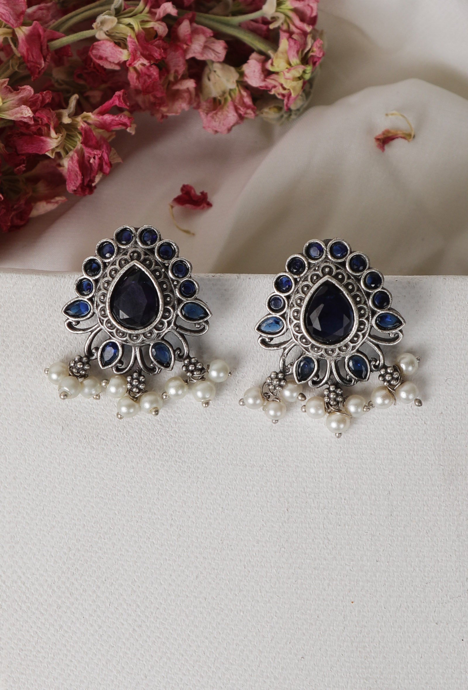 Blue Kundan Studs with Pearl Drop Earrings