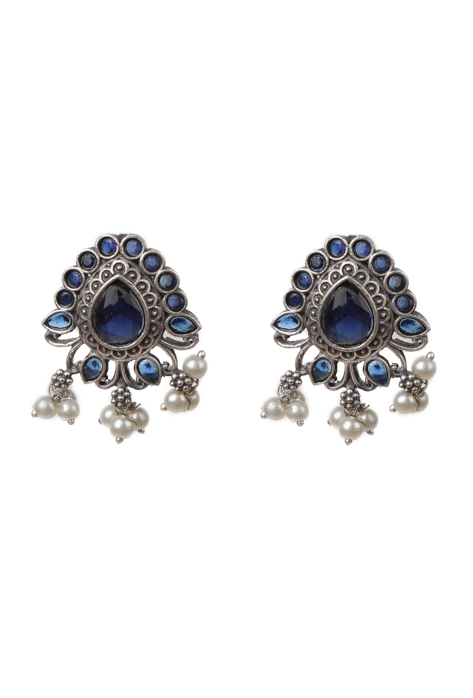 Blue Kundan Studs with Pearl Drop Earrings