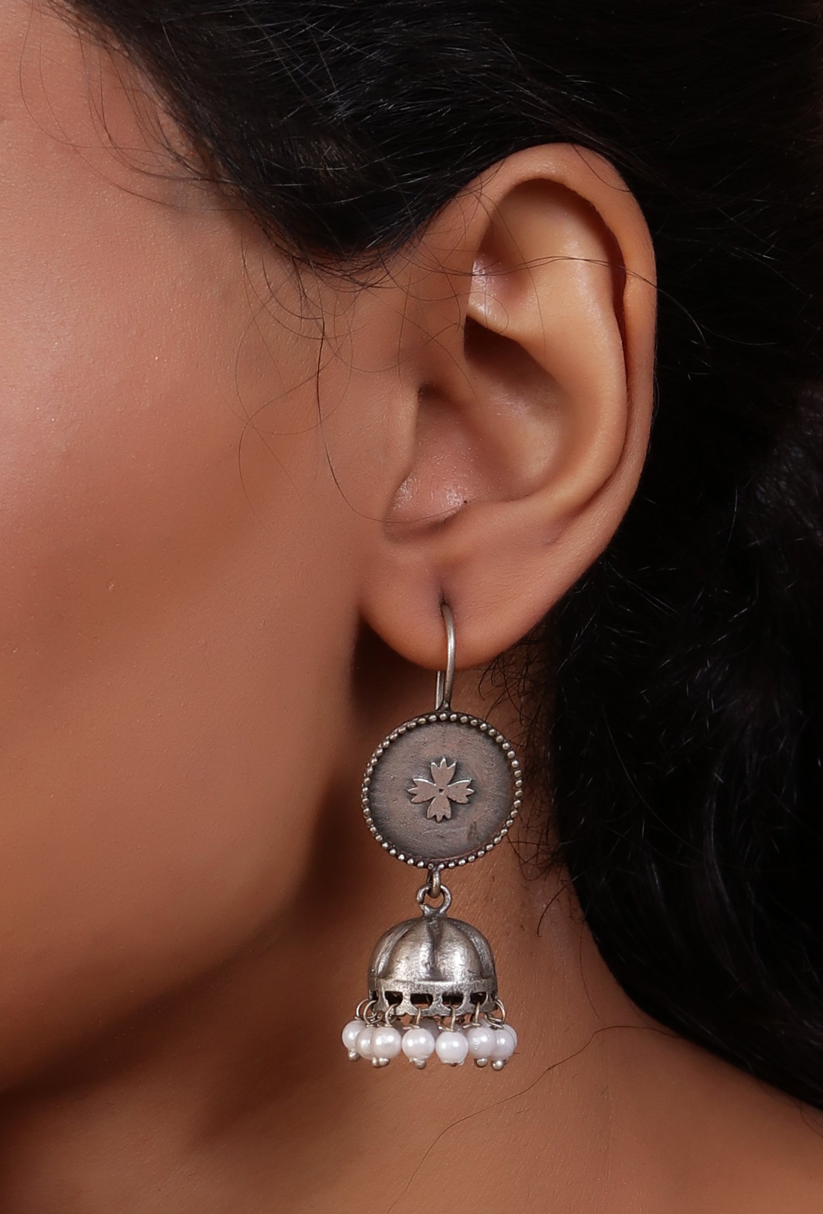 Floral & Pearl Hook Jhumkas Earrings