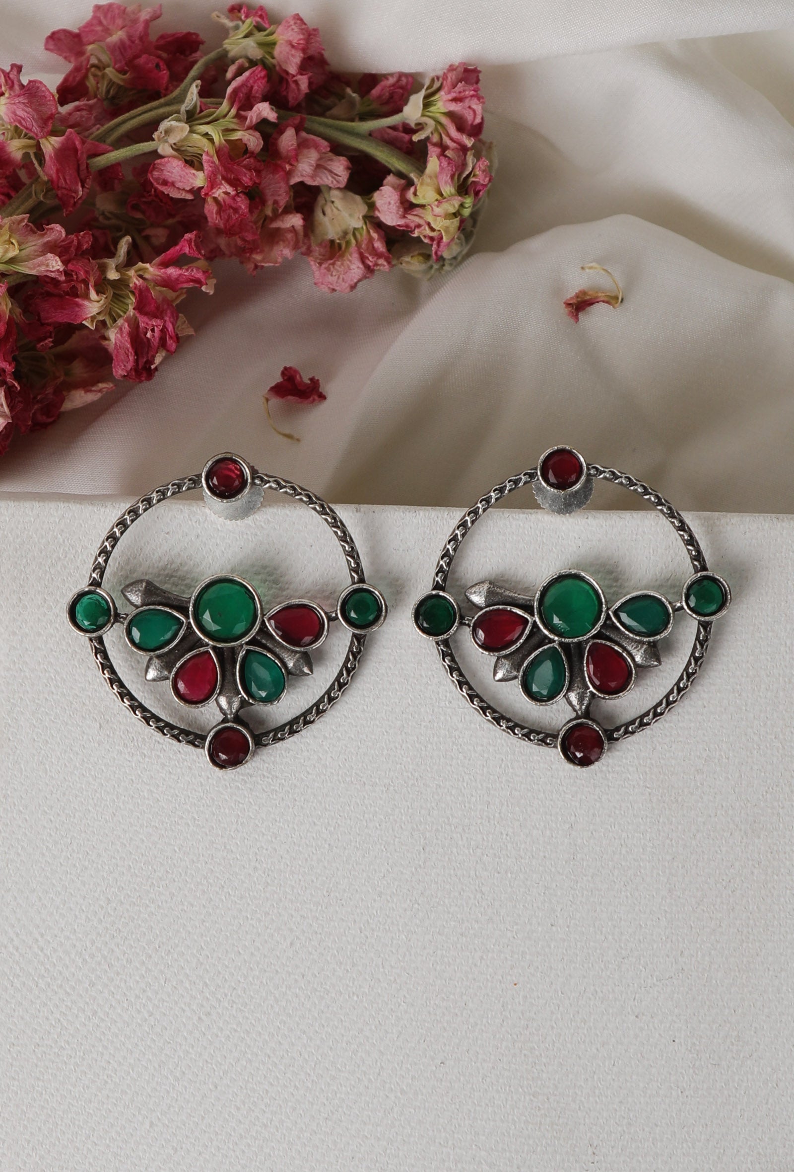 Red & Green Kundan Circular Studs