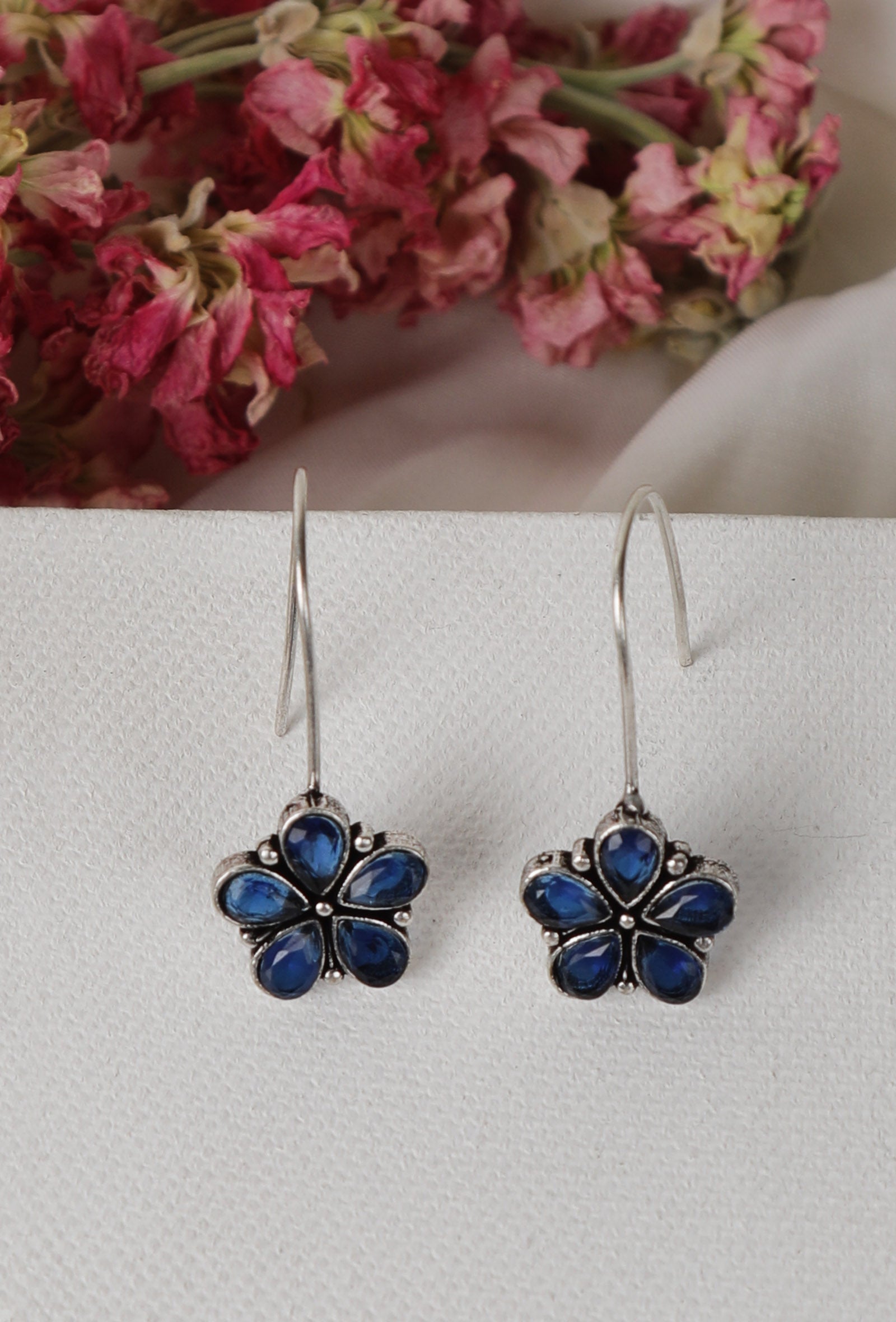 Blue Kundan Floral Drop Hook Earrings