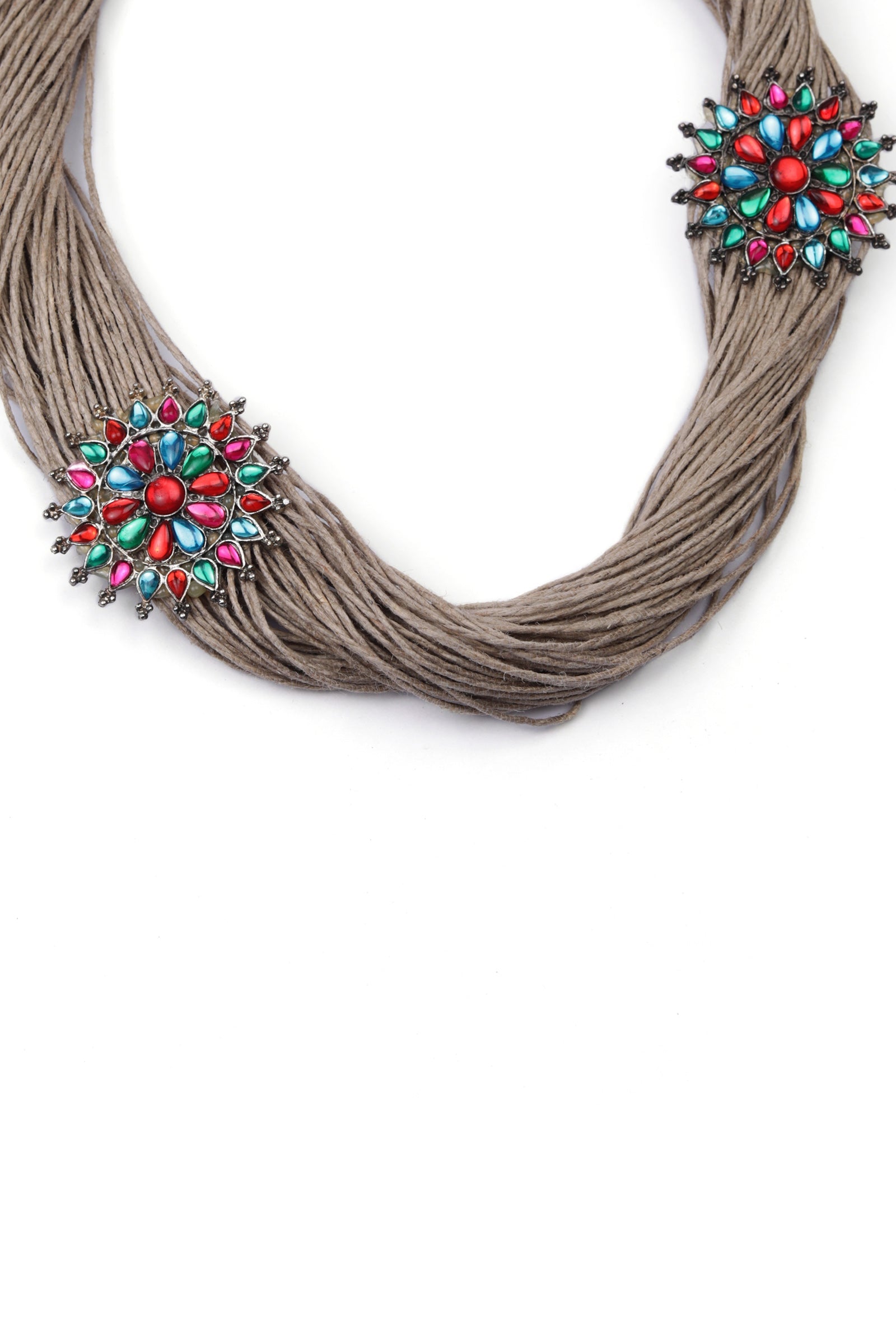 Stone Work Flower Design Jute Necklace
