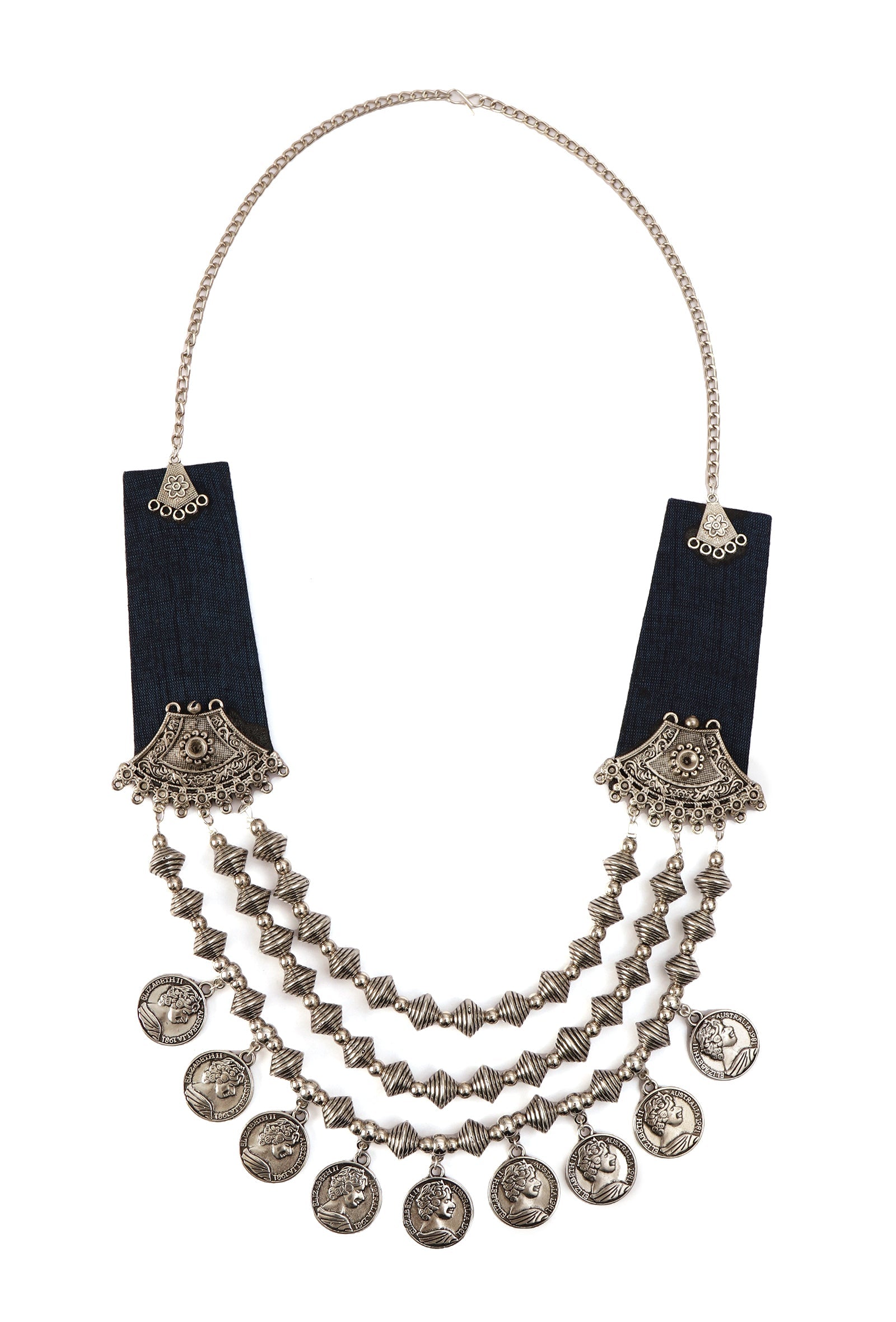 Blue Fabric Necklace with Silver-Plated Beads & Coin Charms – 3 Layers
