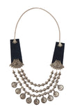 Blue Fabric Necklace with Silver-Plated Beads & Coin Charms – 3 Layers