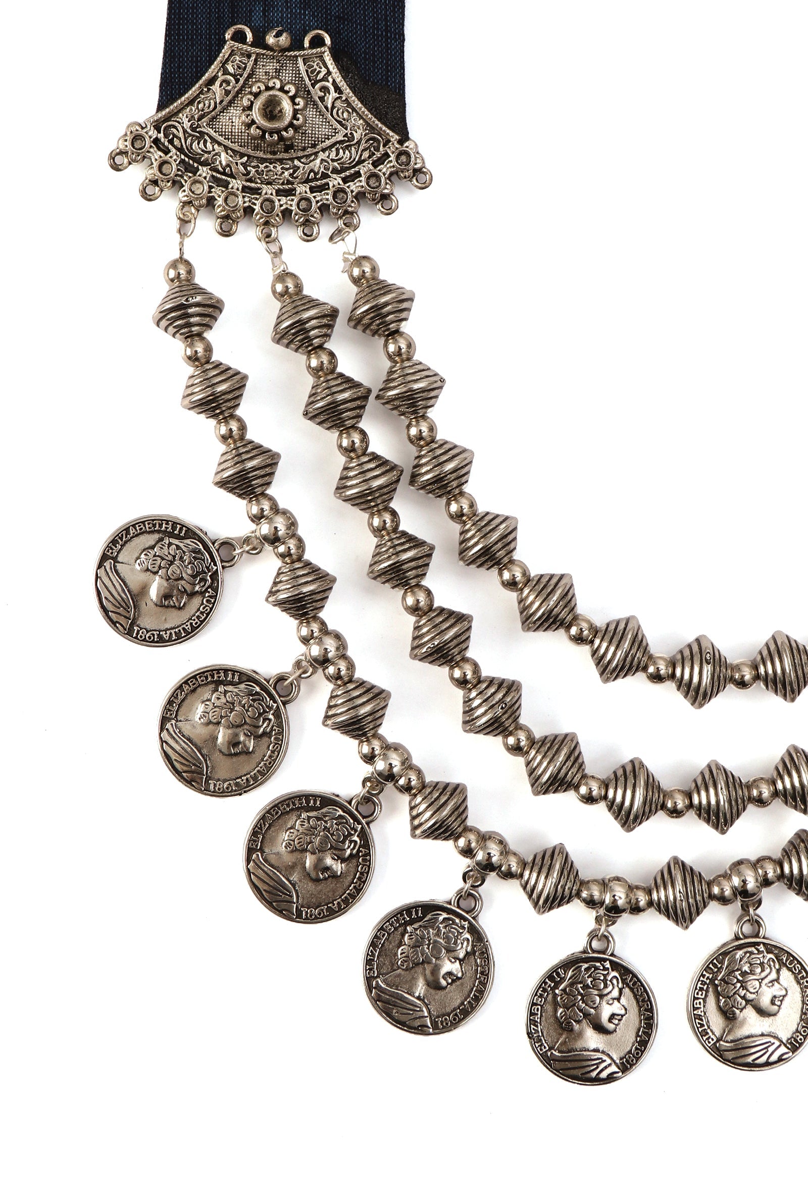 Blue Fabric Necklace with Silver-Plated Beads & Coin Charms – 3 Layers