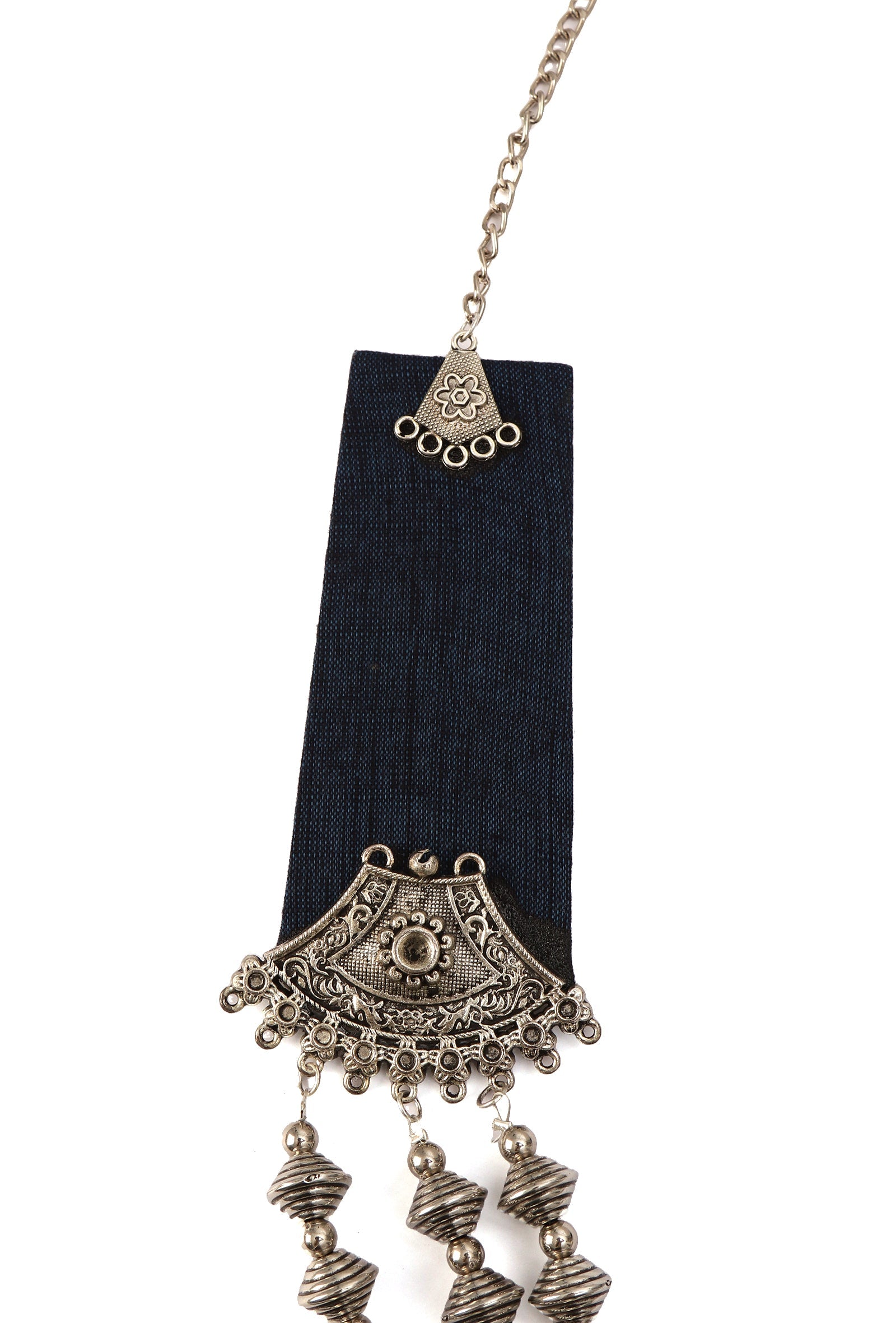 Blue Fabric Necklace with Silver-Plated Beads & Coin Charms – 3 Layers