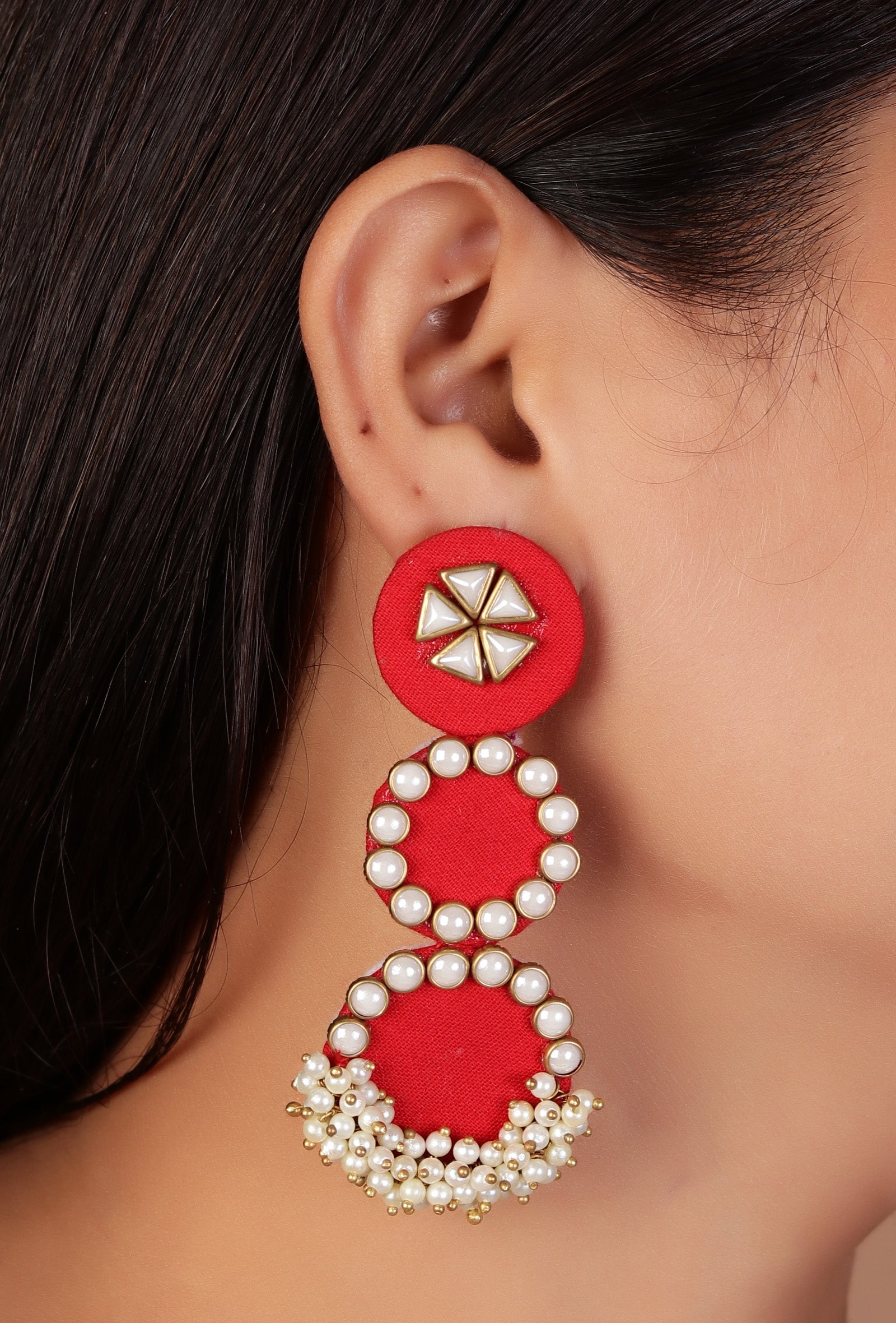 3-Layer Round Red Fabric Earrings with Stone & Mogra Pearls – Lightweight