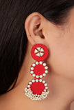 3-Layer Round Red Fabric Earrings with Stone & Mogra Pearls – Lightweight