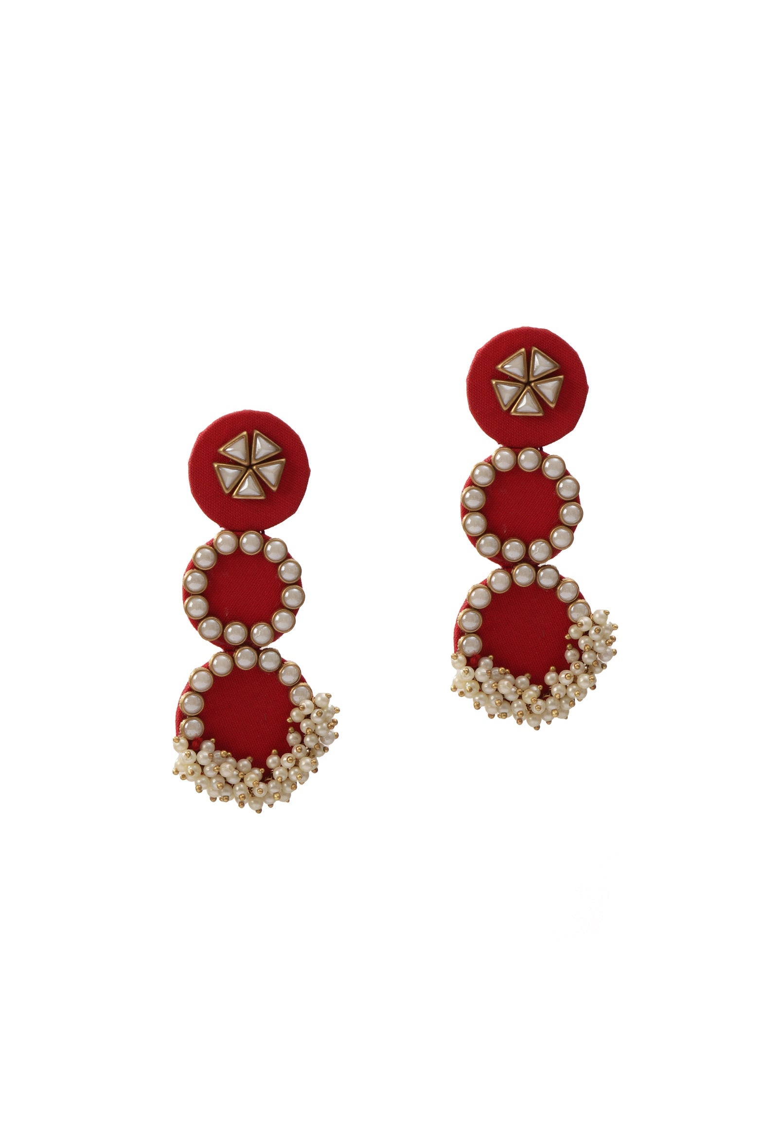 3-Layer Round Red Fabric Earrings with Stone & Mogra Pearls – Lightweight
