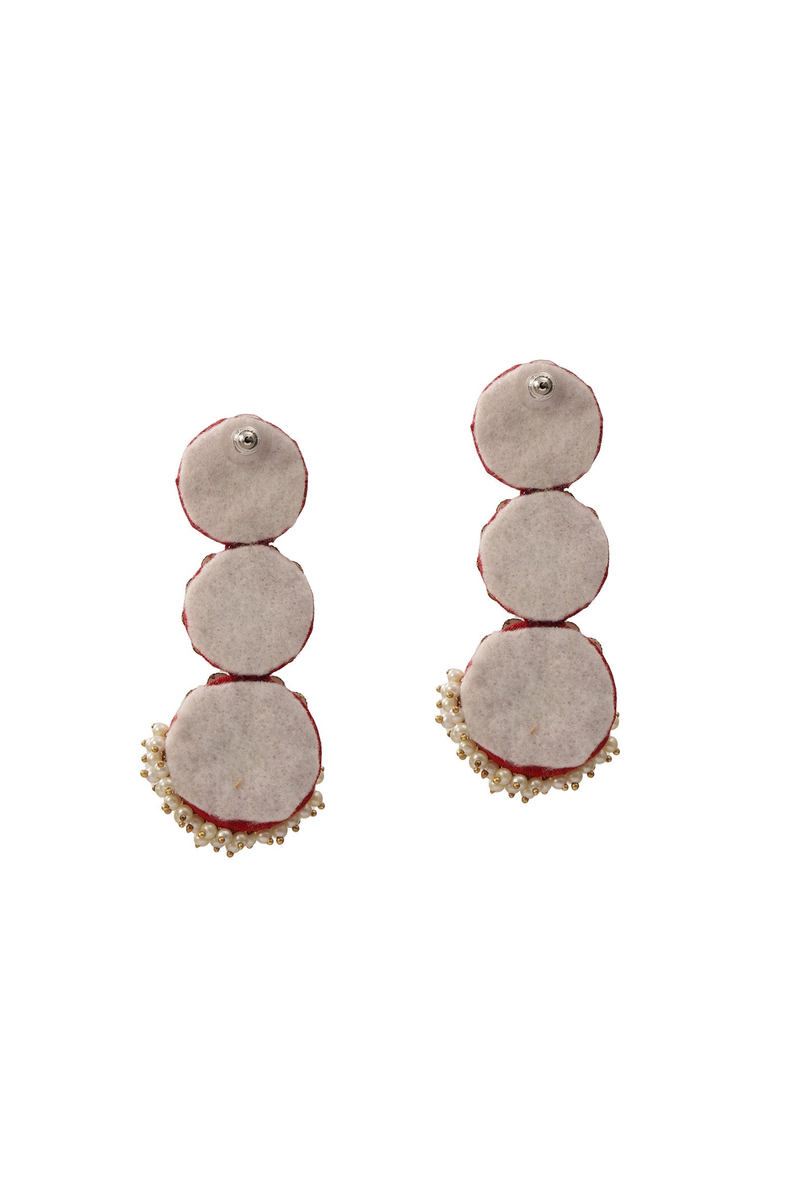 3-Layer Round Red Fabric Earrings with Stone & Mogra Pearls – Lightweight
