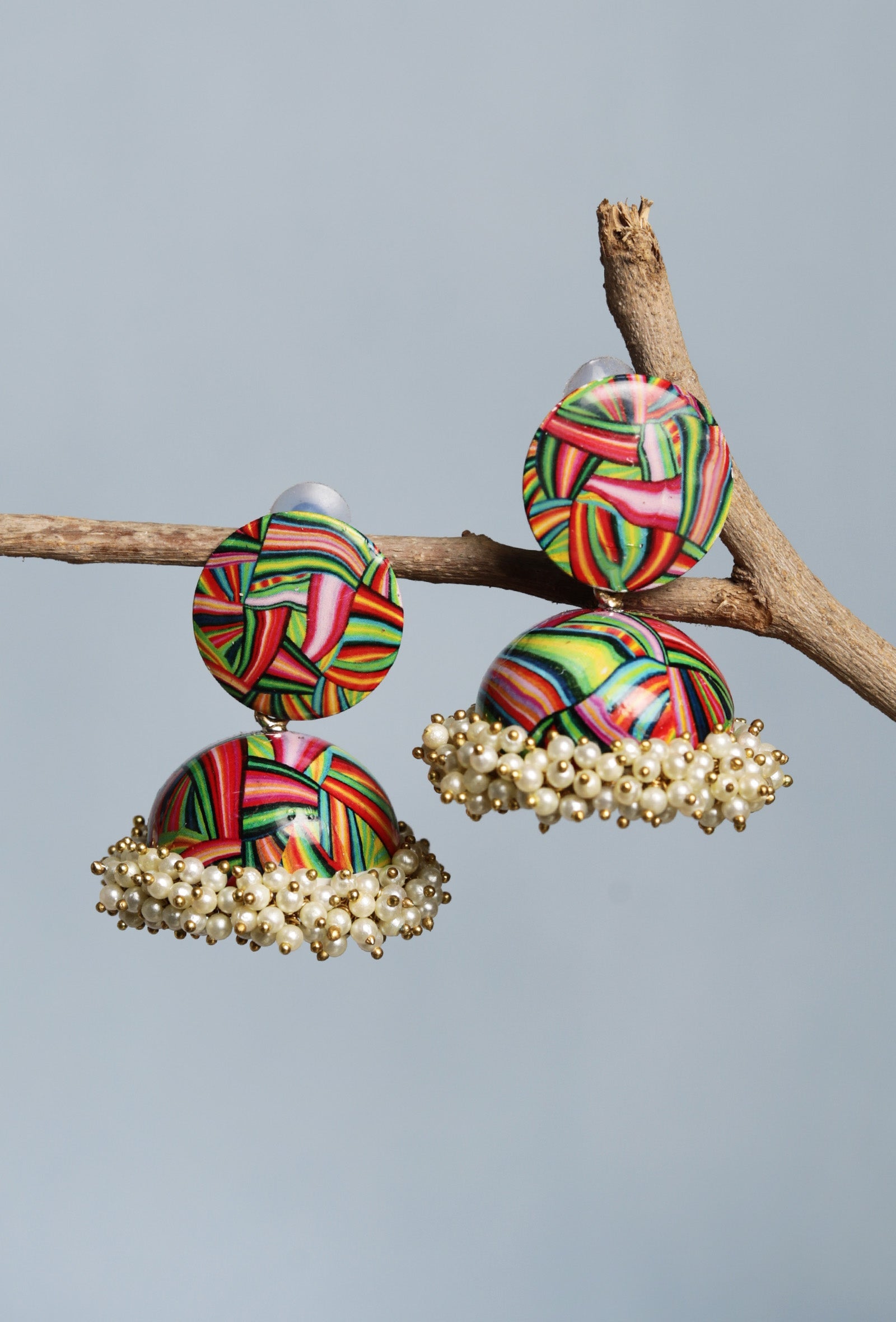 Hand Painted Red Flower Meenakari Jhumki