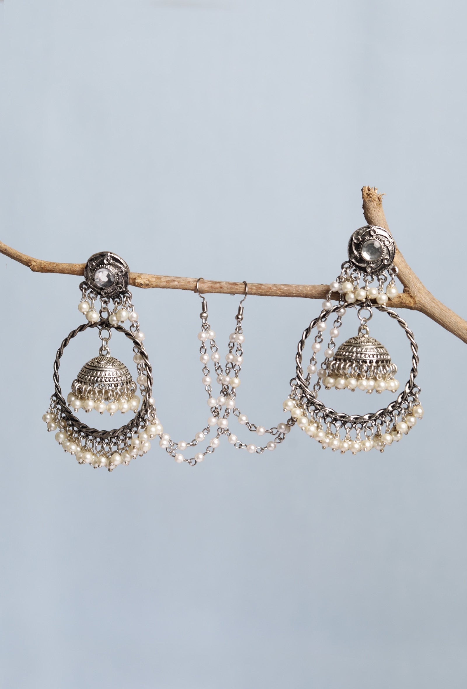 German Silver Partywear Stunning Earring with Hair Extension Designer