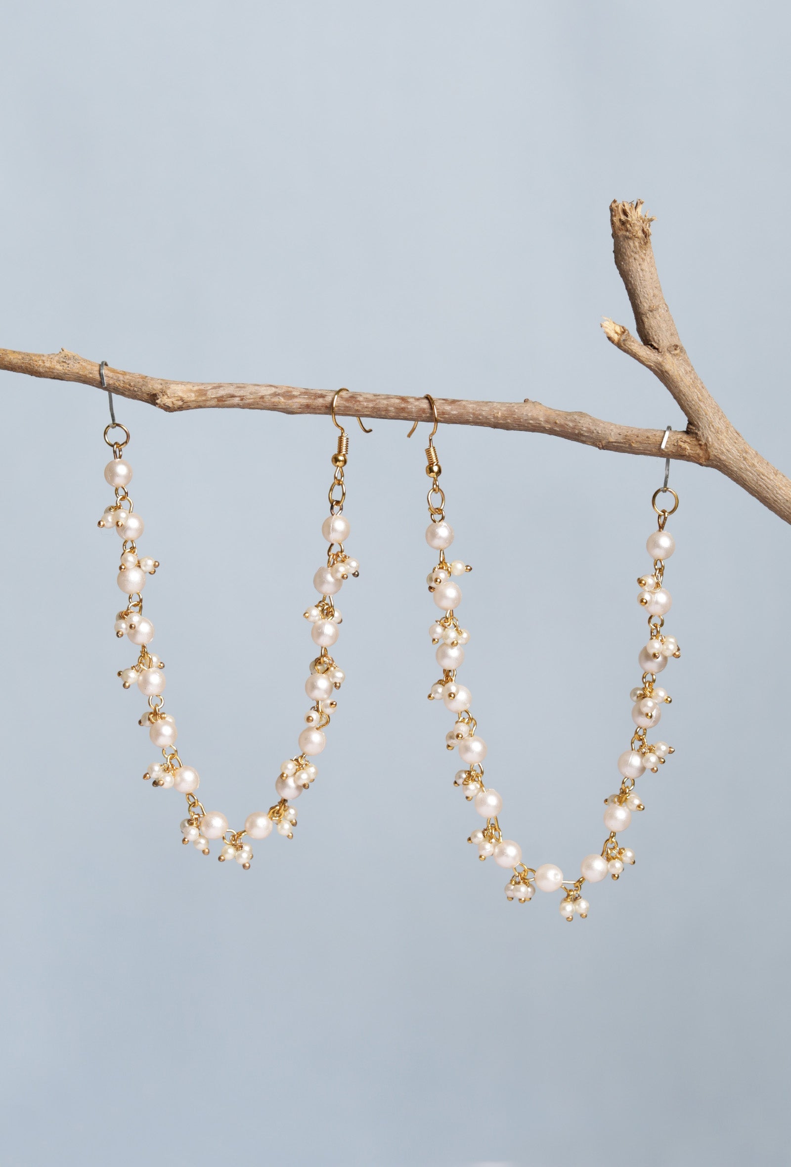 Pair of German Silver Brass Metal Golden Color & White Pearl Traditional Ear Chain