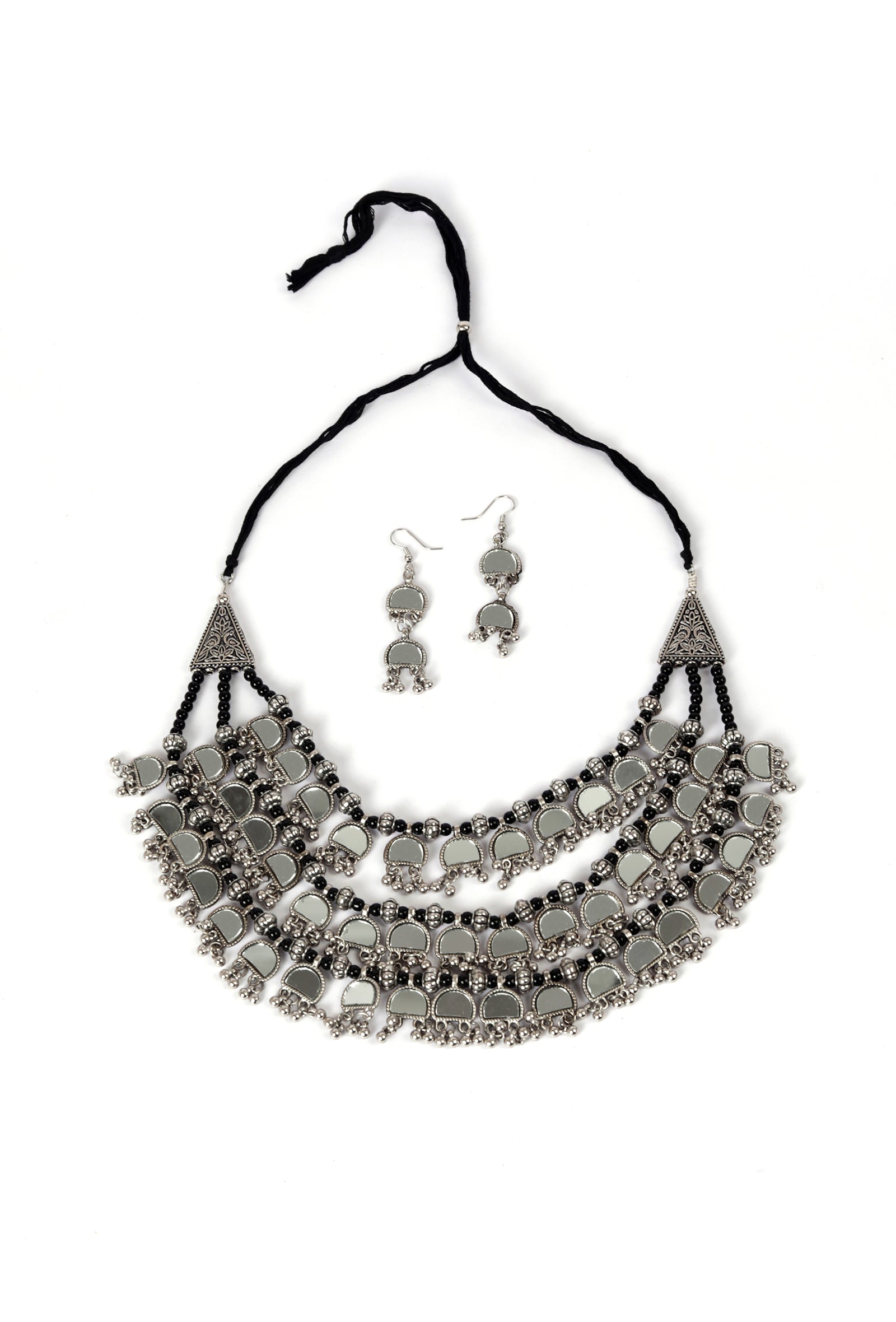 Banjara Style Three Layer Mirror Work Silver Oxidised Choker Necklace
