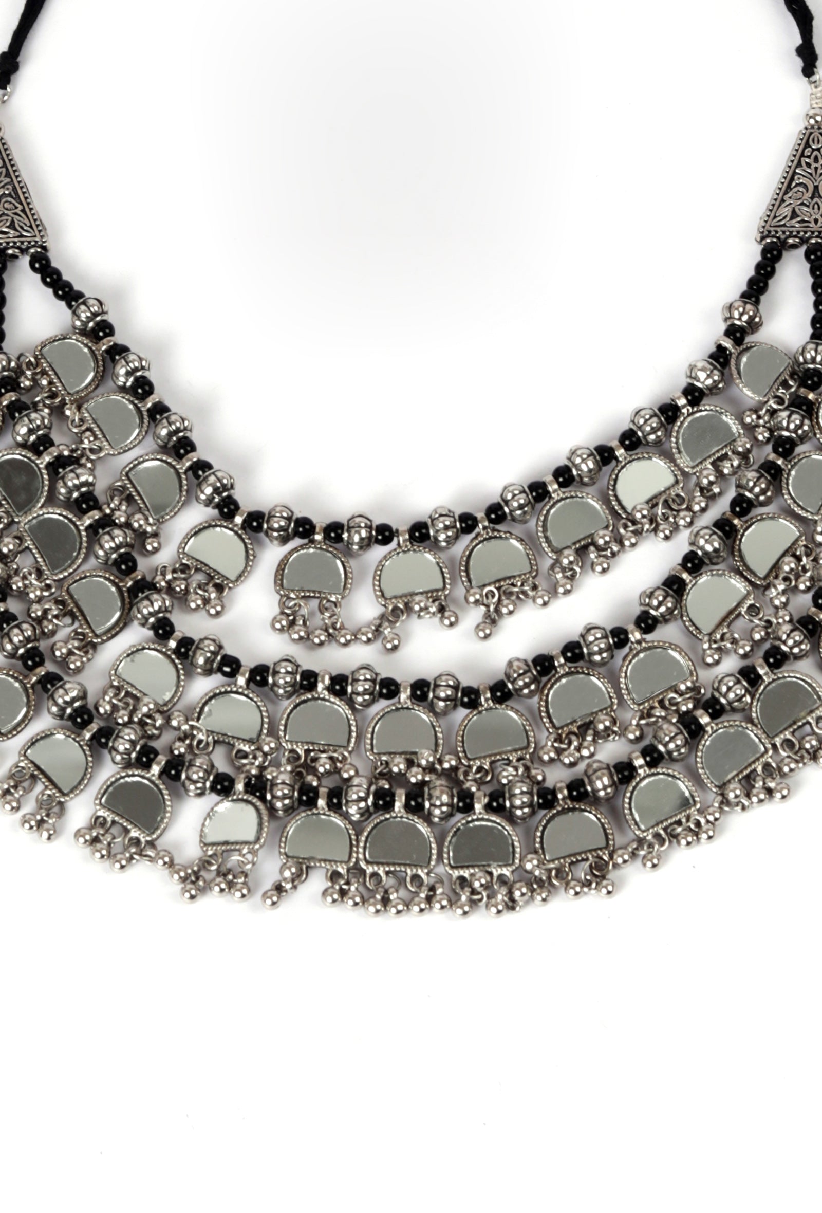 Banjara Style Three Layer Mirror Work Silver Oxidised Choker Necklace