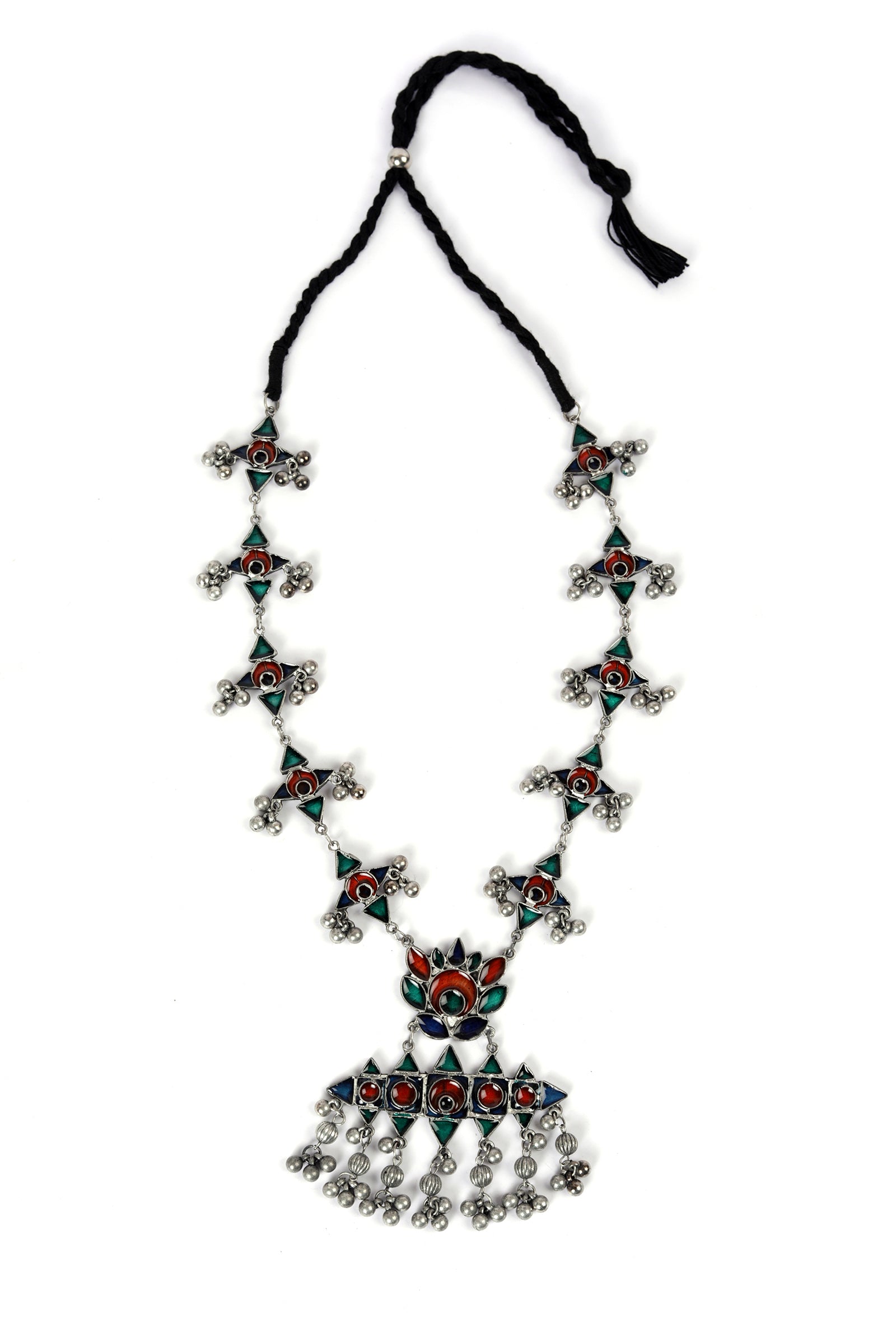 Afghani Silver Plated Multi Meenakari Ghungroo Tassel Necklace Set