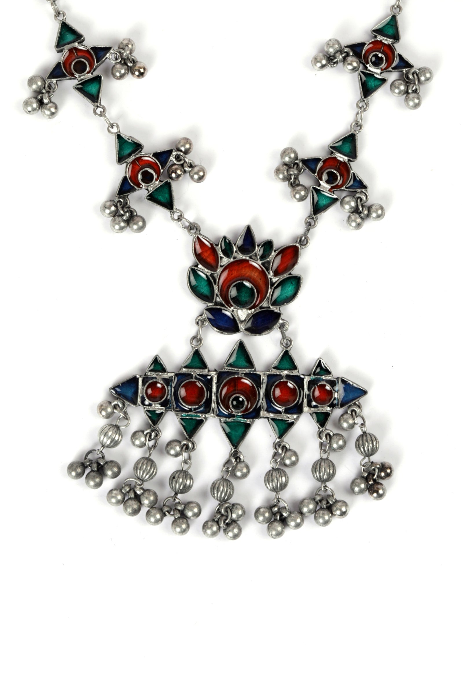 Afghani Silver Plated Multi Meenakari Ghungroo Tassel Necklace Set