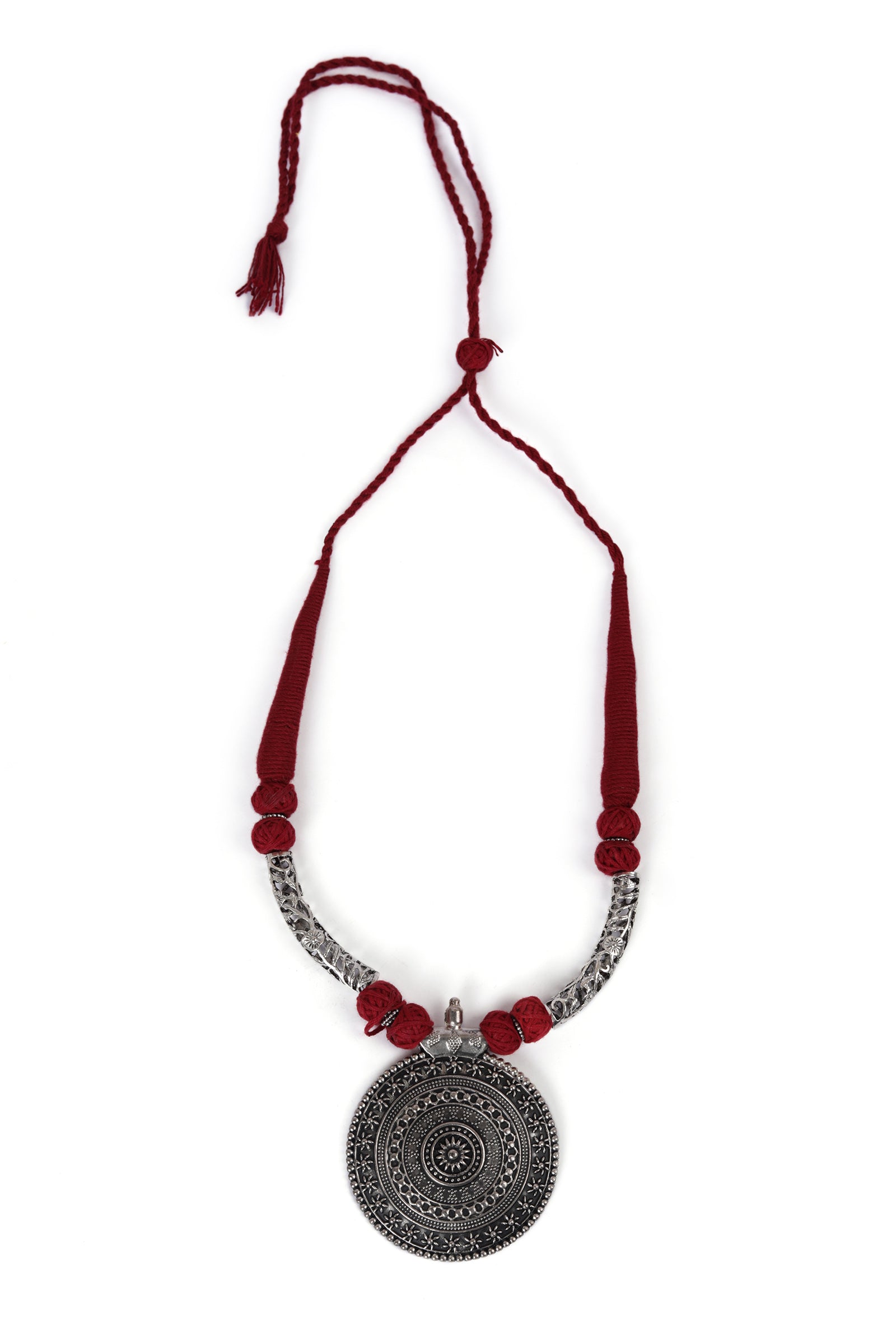 German Silver Premium Quality Designer Sheild Shapped Pendant With Maroon Thread Ball With Dori Necklace