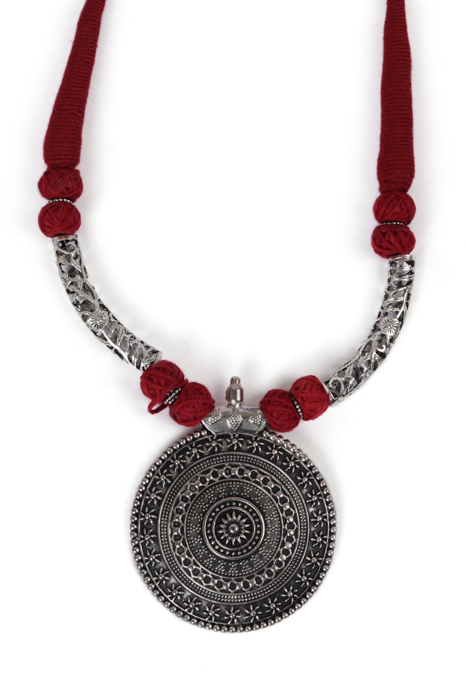 German Silver Premium Quality Designer Sheild Shapped Pendant With Maroon Thread Ball With Dori Necklace