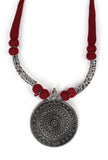 German Silver Premium Quality Designer Sheild Shapped Pendant With Maroon Thread Ball With Dori Necklace