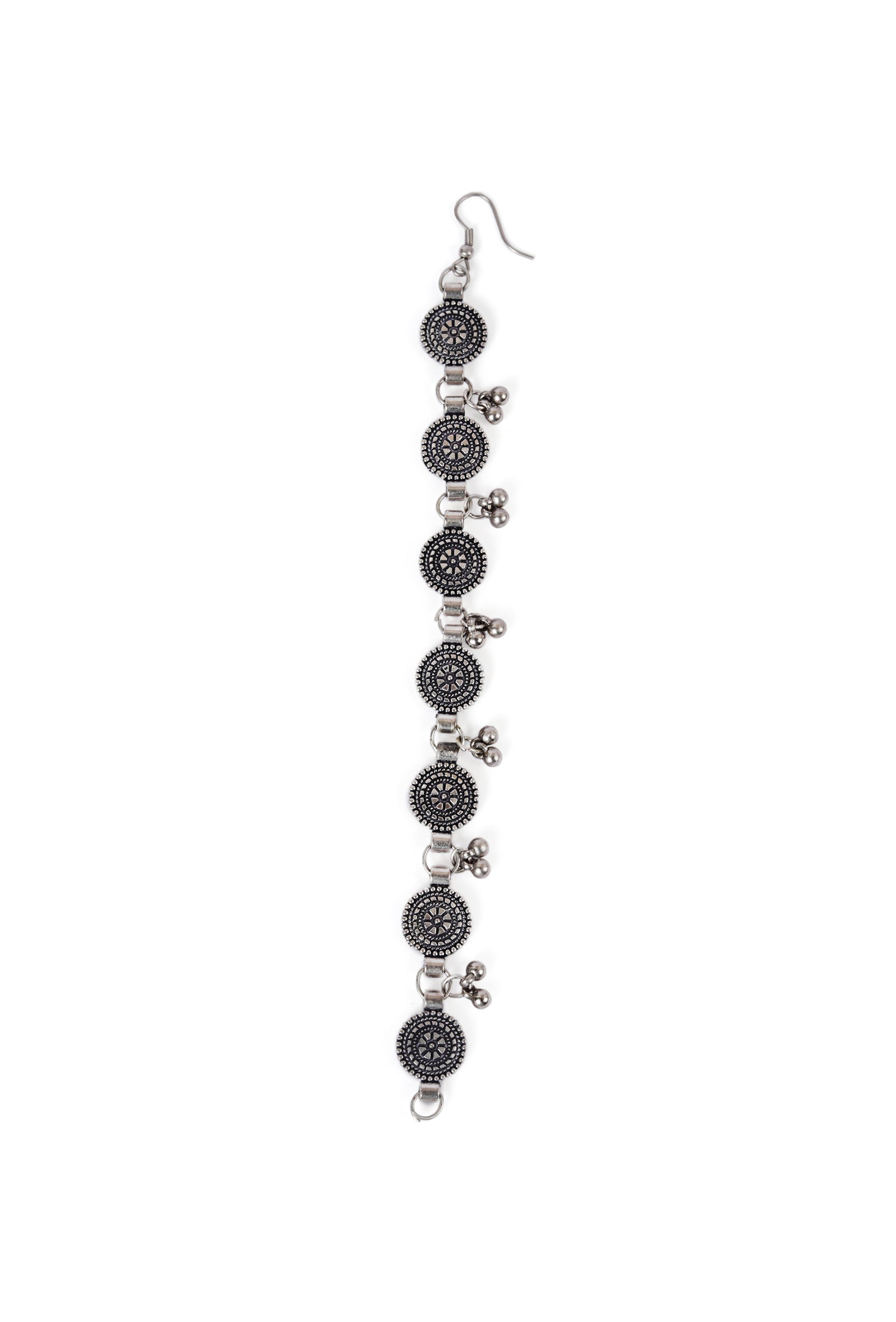 Pair Of German Silver Designer Circled Coined With Ghunghru Earchain