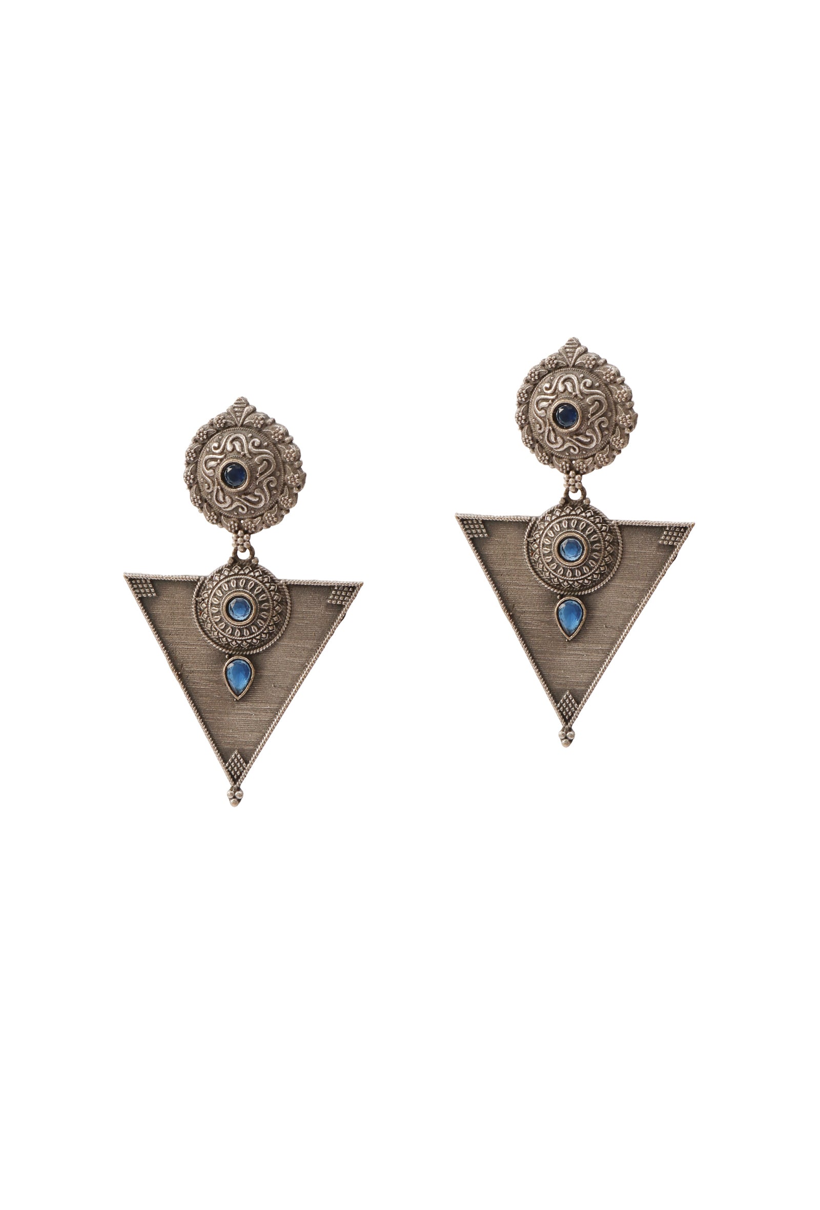 Azure Prism: Blue Oxidized Silver Triangle Earrings