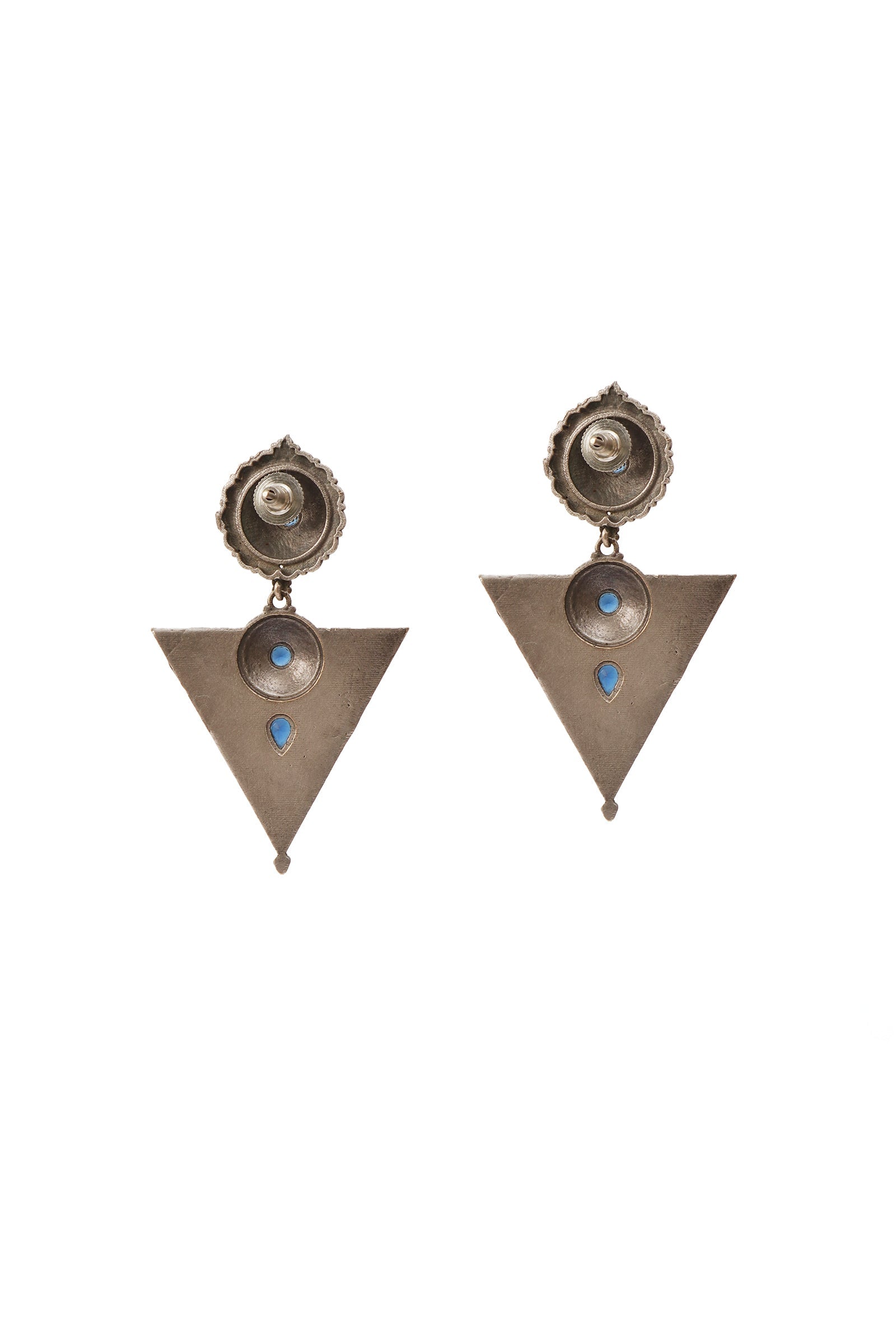 Azure Prism: Blue Oxidized Silver Triangle Earrings