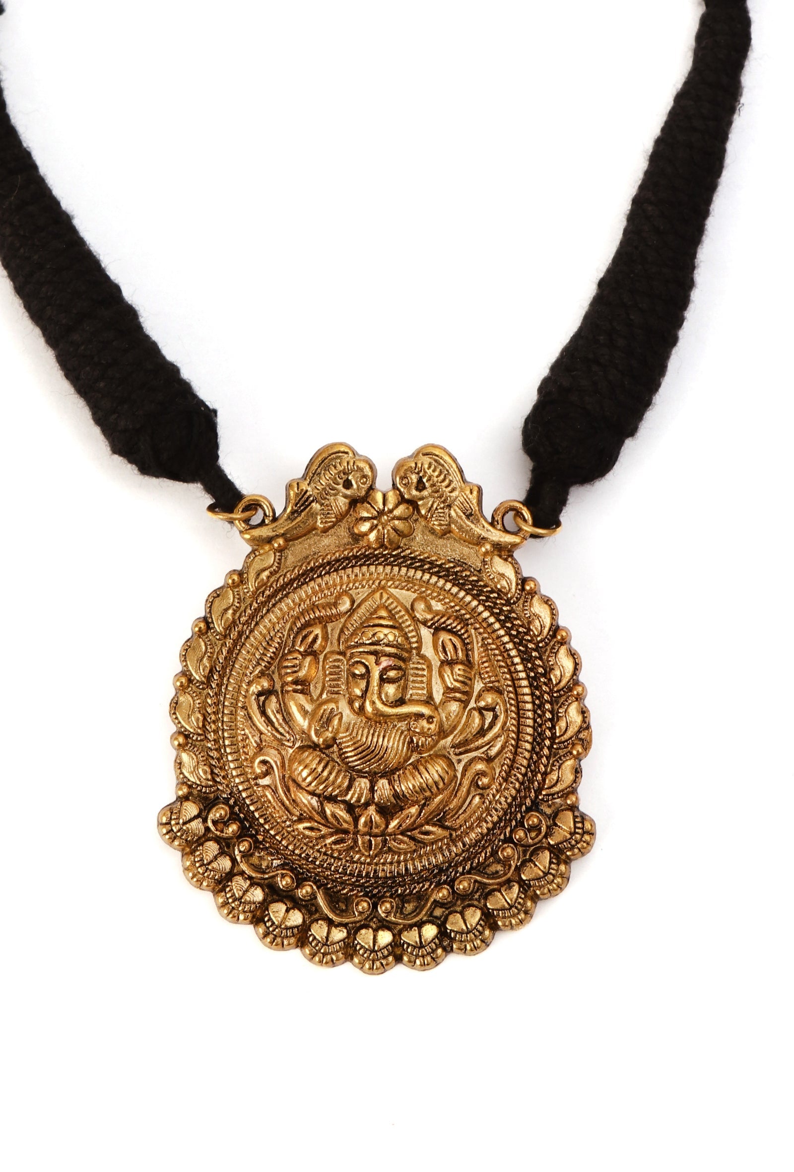 German Silver Gold Plated Ganpati Pendant With Patua Dori Necklace