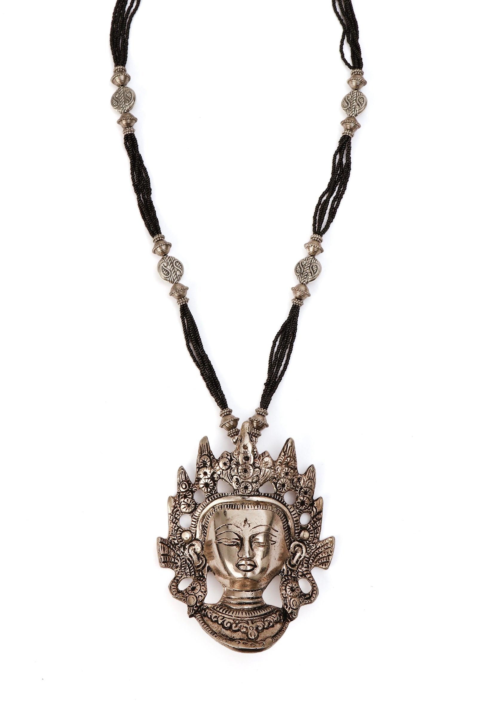 German Silver Durga Pendant With Black Bead Thread Necklace