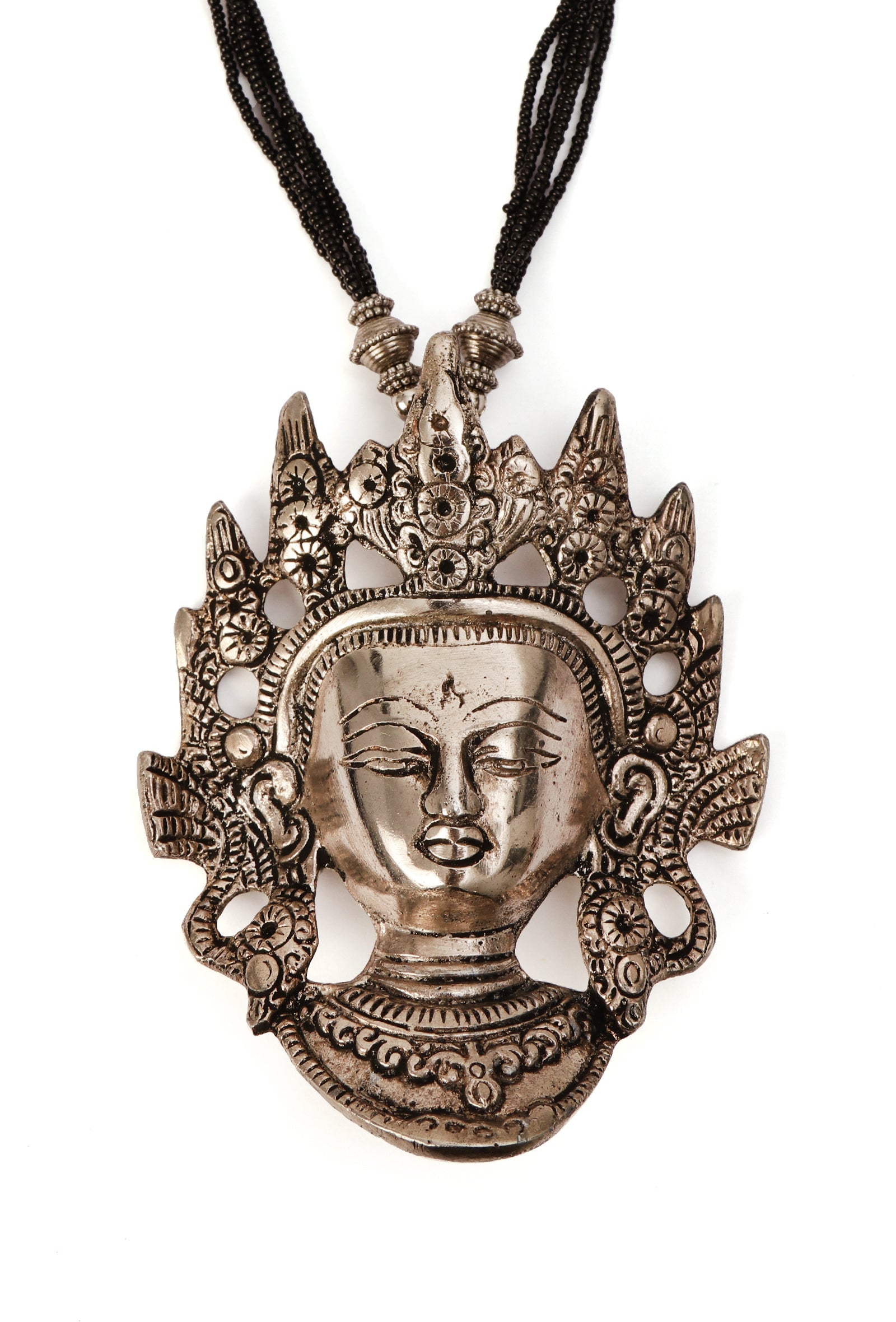 German Silver Durga Pendant With Black Bead Thread Necklace