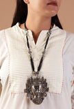 German Silver Durga Pendant With Black Bead Thread Necklace