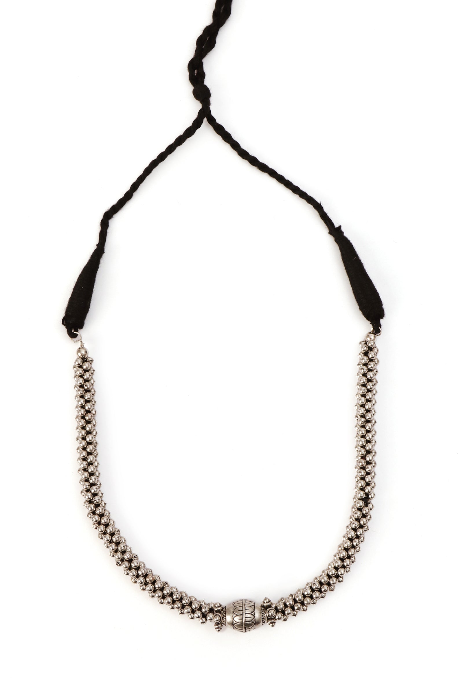 German Silver Dolki Bead Ghunghru Chain With Patua Dori Long Necklace