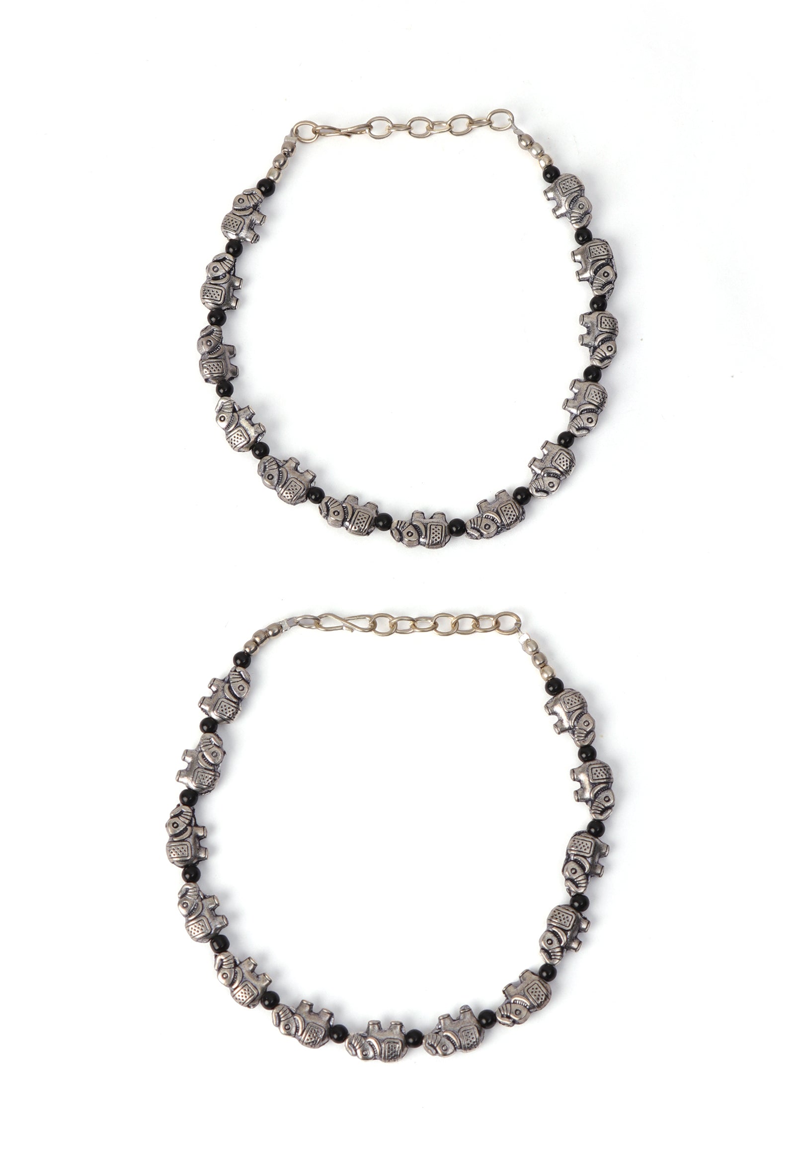Elephant Charm Black Bead Anklet Set